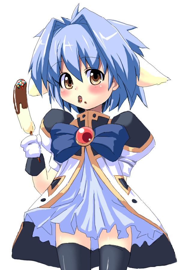 mint blancmanche, galaxy angel, non-web source, 00s, 1girl, animal ears, banana, blue hair, blue skirt, blush, chocolate-covered food, chocolate banana, female focus, food, fruit, gloves, holding, sexually suggestive, short hair, skirt, solo, thighhighs, yellow eyes