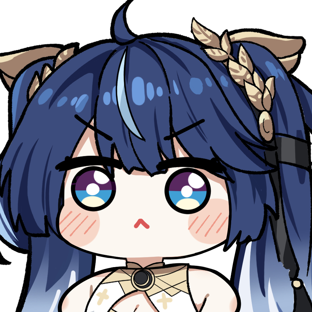 twomoon, iuno (wuthering waves), wuthering waves, commentary, english commentary, 1girl, :<, ahoge, bare shoulders, blue eyes, blue hair, breasts, chibi, chibi only, cleavage, closed mouth, gold bra, laurel crown, long hair, medium breasts, multicolored hair, simple background, solo, streaked hair, white background
