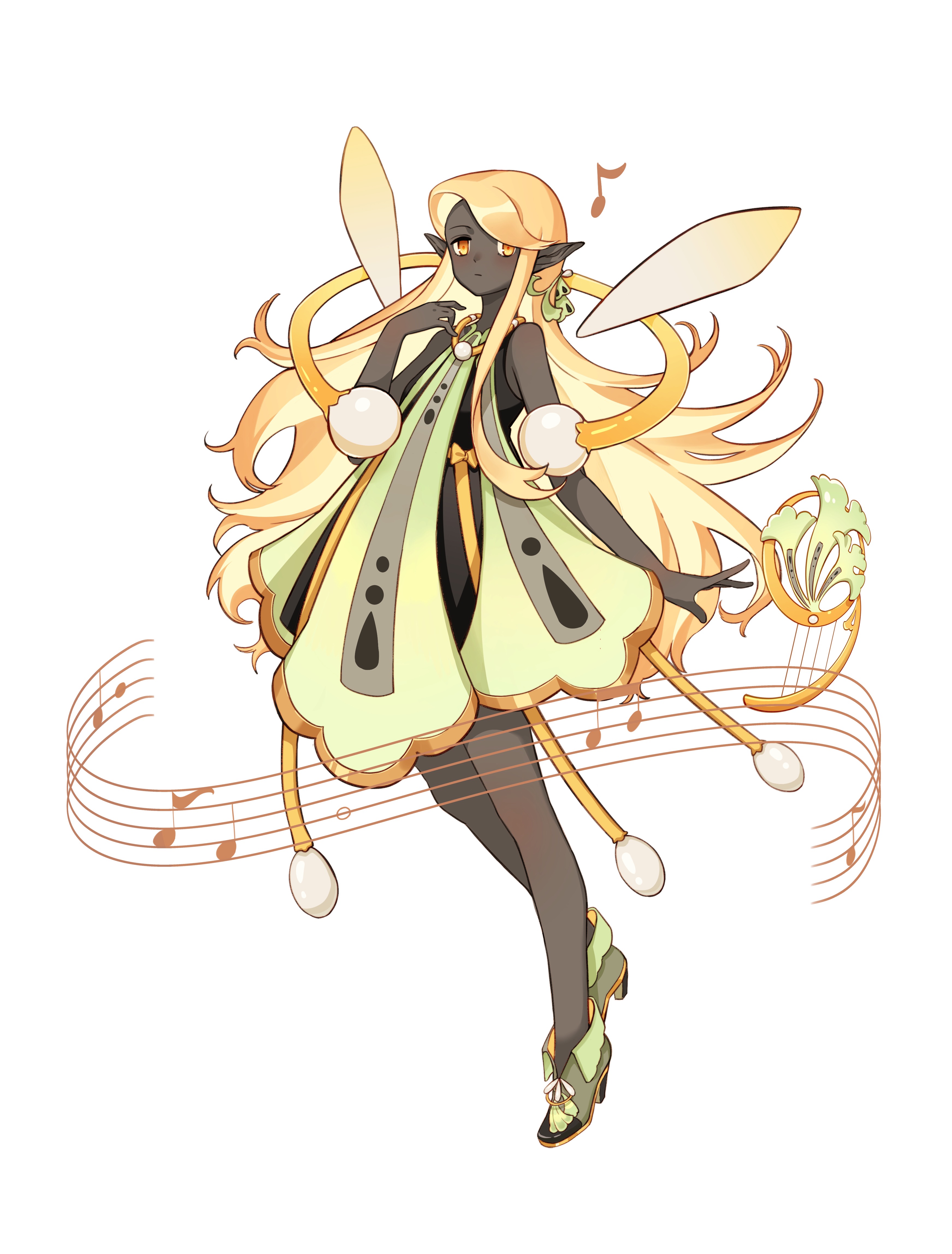 original, absurdres, chinese commentary, highres, 1girl, ankle boots, arm at side, bare arms, bare shoulders, black dress, blonde hair, boots, celia cir, closed mouth, comb over, dark-skinned female, dark skin, detached wings, dress, expressionless, fairy, fairy wings, floating, floating instrument, floating object, fold-over boots, full body, gold trim, green dress, grey boots, hair ornament, hand up, high heel boots, high heels, instrument, jewelry, leaf hair ornament, light blush, long hair, looking at viewer, lyre, medium dress, musical note, musical staff, necklace, orange eyes, pointy ears, ribbon, simple background, sleeveless, sleeveless dress, standing, swept bangs, tent dress, trapeze dress, two-tone dress, very dark skin, very long hair, white background, wings, yellow ribbon, yellow wings