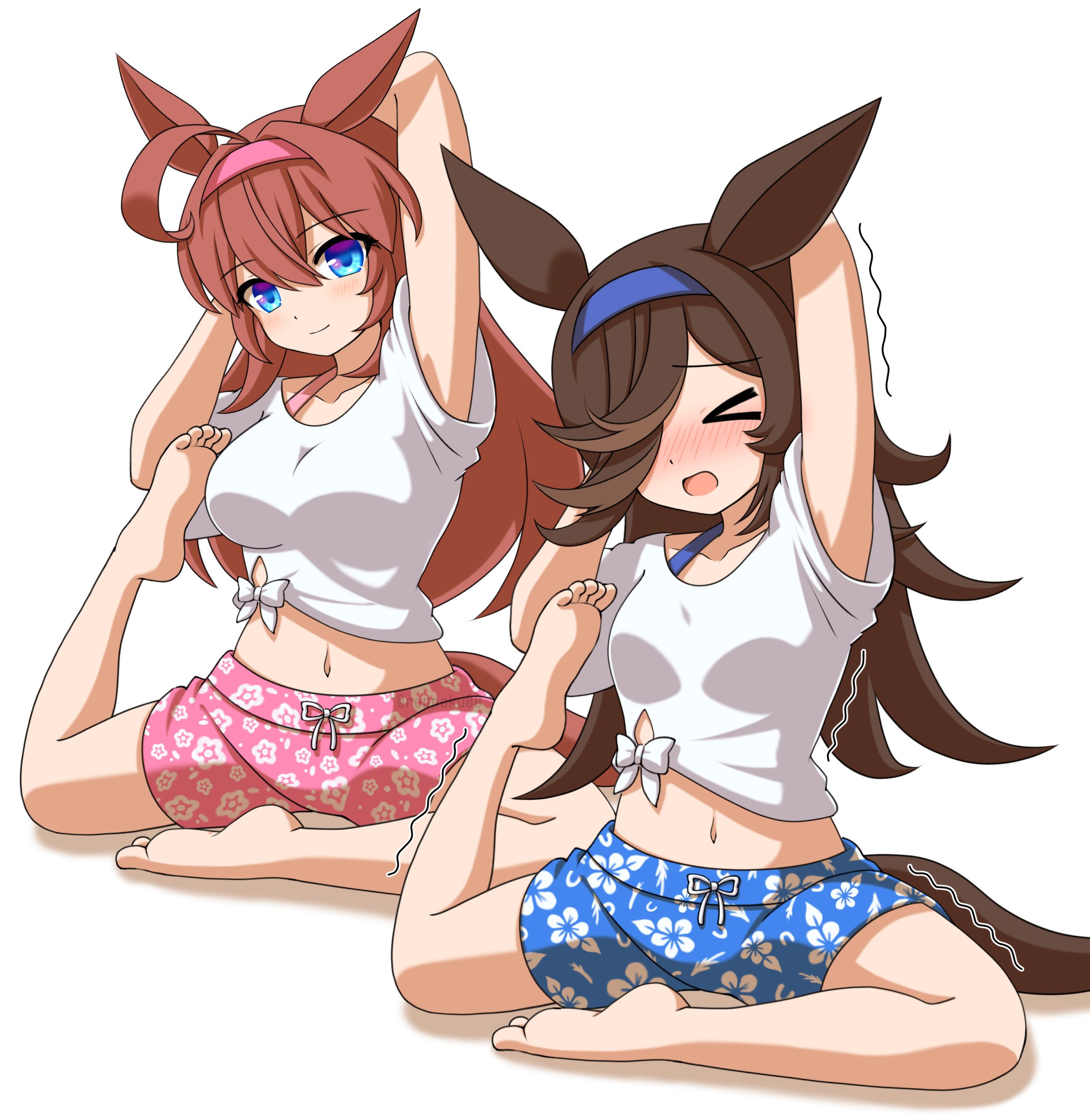 roppaku, mihono bourbon (umamusume), rice shower (umamusume), umamusume, absurdres, highres, > <, 2girls, ahoge, alternate costume, animal ears, blue eyes, blue hairband, blue shorts, blush, bra strap, breasts, brown hair, closed eyes, closed mouth, flipped hair, floral print, hair between eyes, hair over one eye, hairband, horse ears, horse girl, horse tail, large breasts, long hair, looking at viewer, midriff, multiple girls, navel, open mouth, pink hairband, pink shorts, shirt, shorts, simple background, smile, stretching, tail, tied shirt, white background, white shirt, yoga