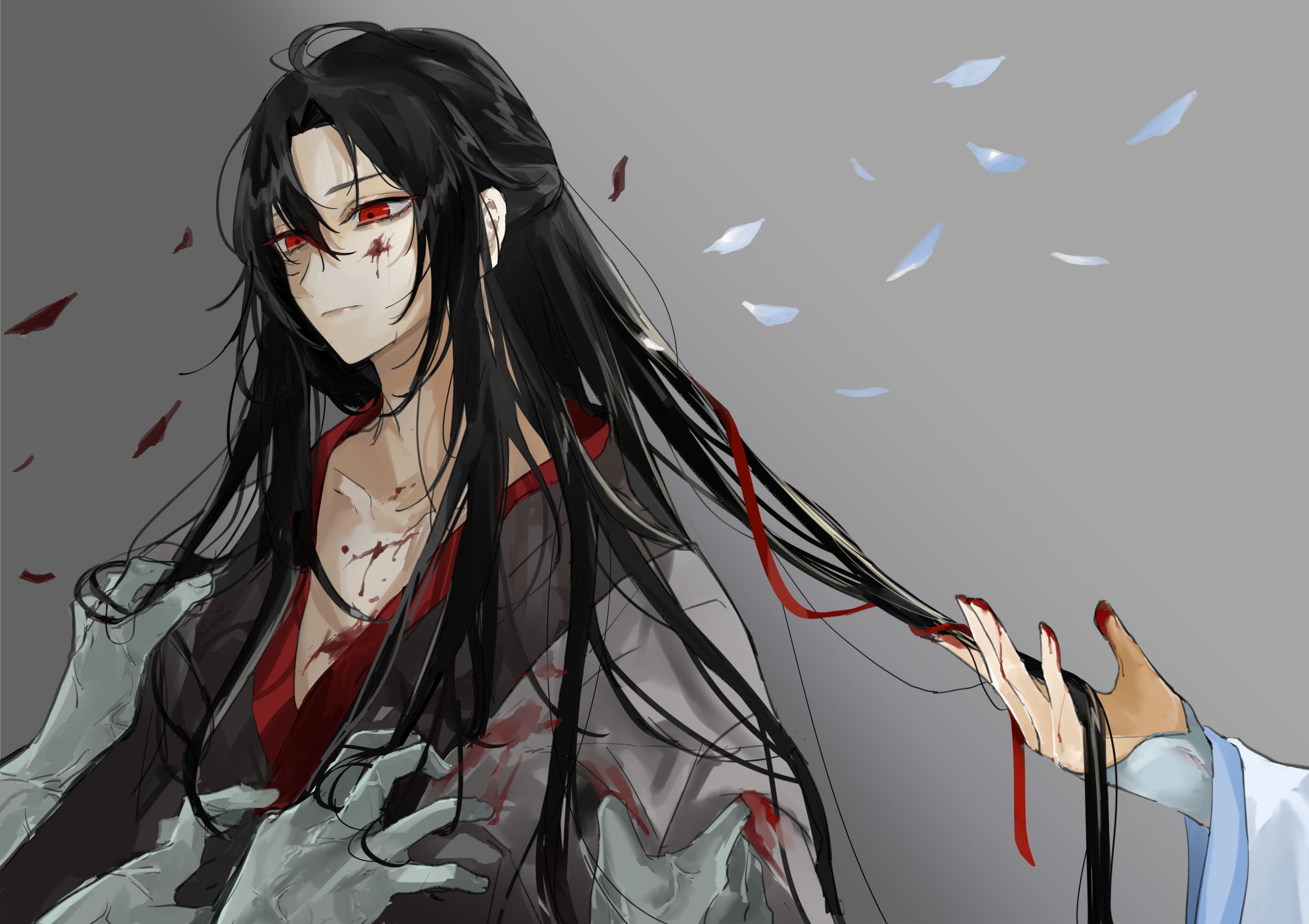 lan wangji, wei wuxian, wei wuxian (yiling laozu), modao zushi, highres, 2boys, ahoge, black hair, black hanfu, blood, blood on body, blood on clothes, blood on face, blood on hands, chinese clothes, closed mouth, clothes grab, coat, collarbone, disembodied hand, falling petals, grey background, grey coat, hair down, hair ribbon, half updo, hanfu, holding another's hair, implied yaoi, komai px, long hair, male focus, multiple boys, multiple others, nail polish, official alternate costume, official alternate hairstyle, open clothes, open coat, out of frame, people, petals, pov, pov hands, red eyes, red nails, red petals, red ribbon, ribbon, robe, sidelocks, sleeves past wrists, solo focus, torn clothes, white hanfu, white petals, zombie