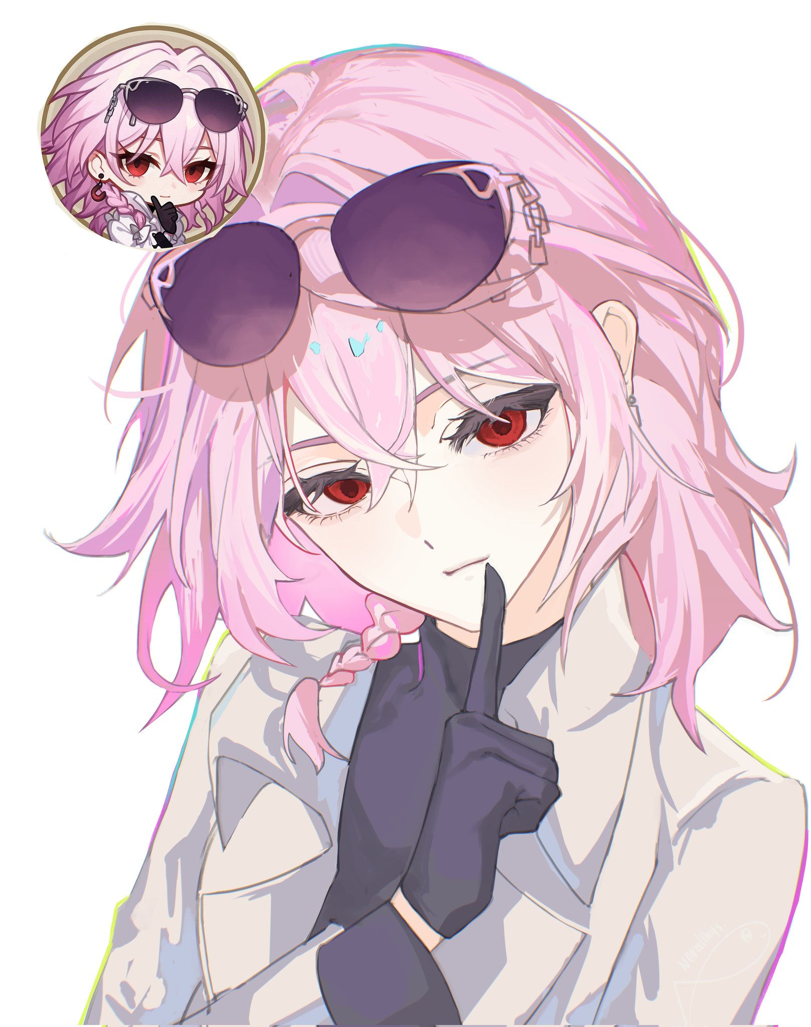 evernight (honkai: star rail), march 7th (honkai: star rail), honkai: star rail, honkai (series), highres, black gloves, braid, evernight (lurking) (honkai: star rail), finger to mouth, gloves, hair between eyes, neralthys, official alternate costume, pink hair, red eyes, shirt, shushing, sunglasses, white background, white shirt