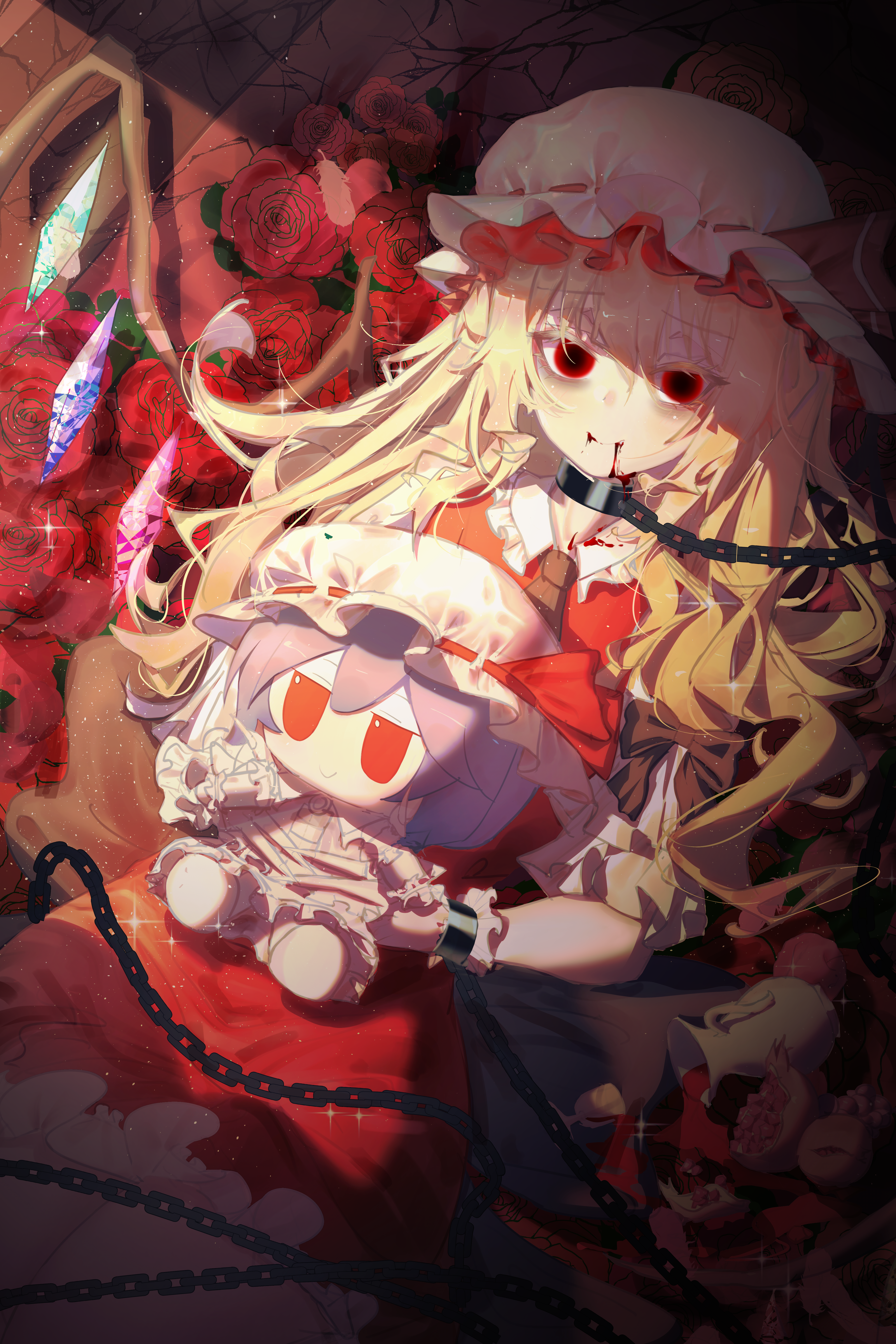 flandre scarlet, remilia scarlet, touhou, absurdres, highres, variant set, 1girl, alternate hair length, alternate hairstyle, apple, ascot, blonde hair, blood, blood from mouth, blood on clothes, blood on face, bow, chain, character doll, closed mouth, collar, crystal wings, cup, doll, dress, flower, food, frilled cuffs, frilled hat, frilled shirt collar, frills, fruit, fumo (doll), hat, hat ribbon, holding, holding stuffed toy, long hair, looking at viewer, metal collar, mob cap, pink dress, pomegranate, purple hair, red ascot, red bow, red eyes, red flower, red ribbon, red rose, red skirt, red vest, renke (user mphs8248), ribbon, rose, shirt, skirt, smile, solo, stuffed toy, very long hair, vest, white hat, white shirt, wings, wrist cuffs