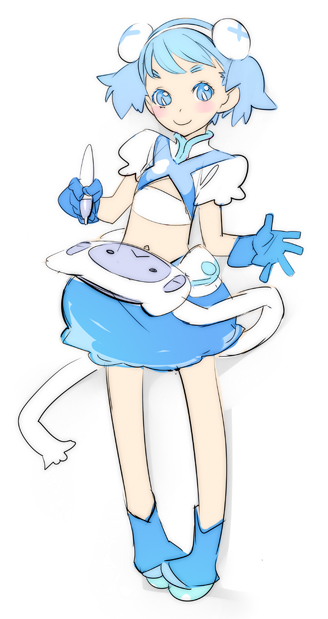 nishieda, pixiv-tan, pixiv, bad id, bad pixiv id, blue eyes, blue hair, drawing tablet, gloves, simple background, solo