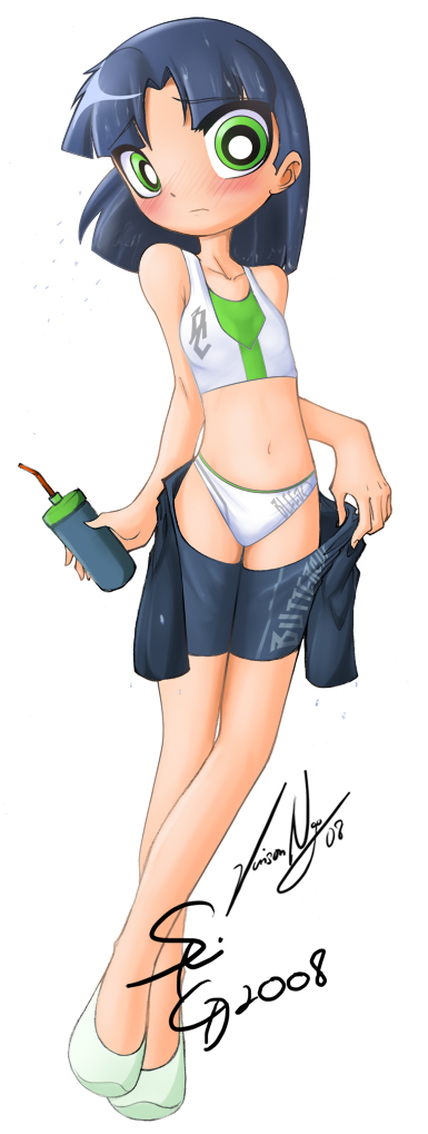 bleedman, seiryuga, buttercup (ppg), powerpuff girls, bikini, black hair, blush, green eyes, short hair, swimsuit, undressing
