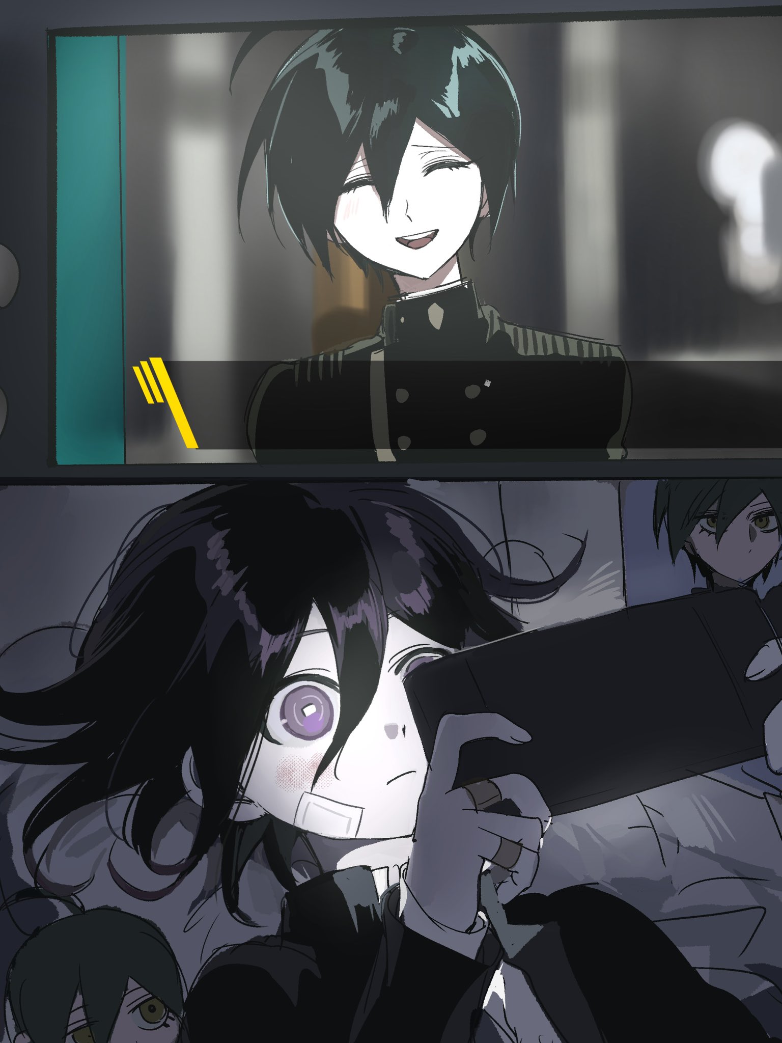 oma kokichi, saihara shuichi, danganronpa (series), danganronpa v3: killing harmony, highres, 1boy, black hair, black jacket, blush, flipped hair, hair between eyes, handheld game console, holding, holding handheld game console, jacket, long sleeves, lying, male focus, official alternate costume, on back, playing games, purple eyes, smile, solo, usagi mi nagi