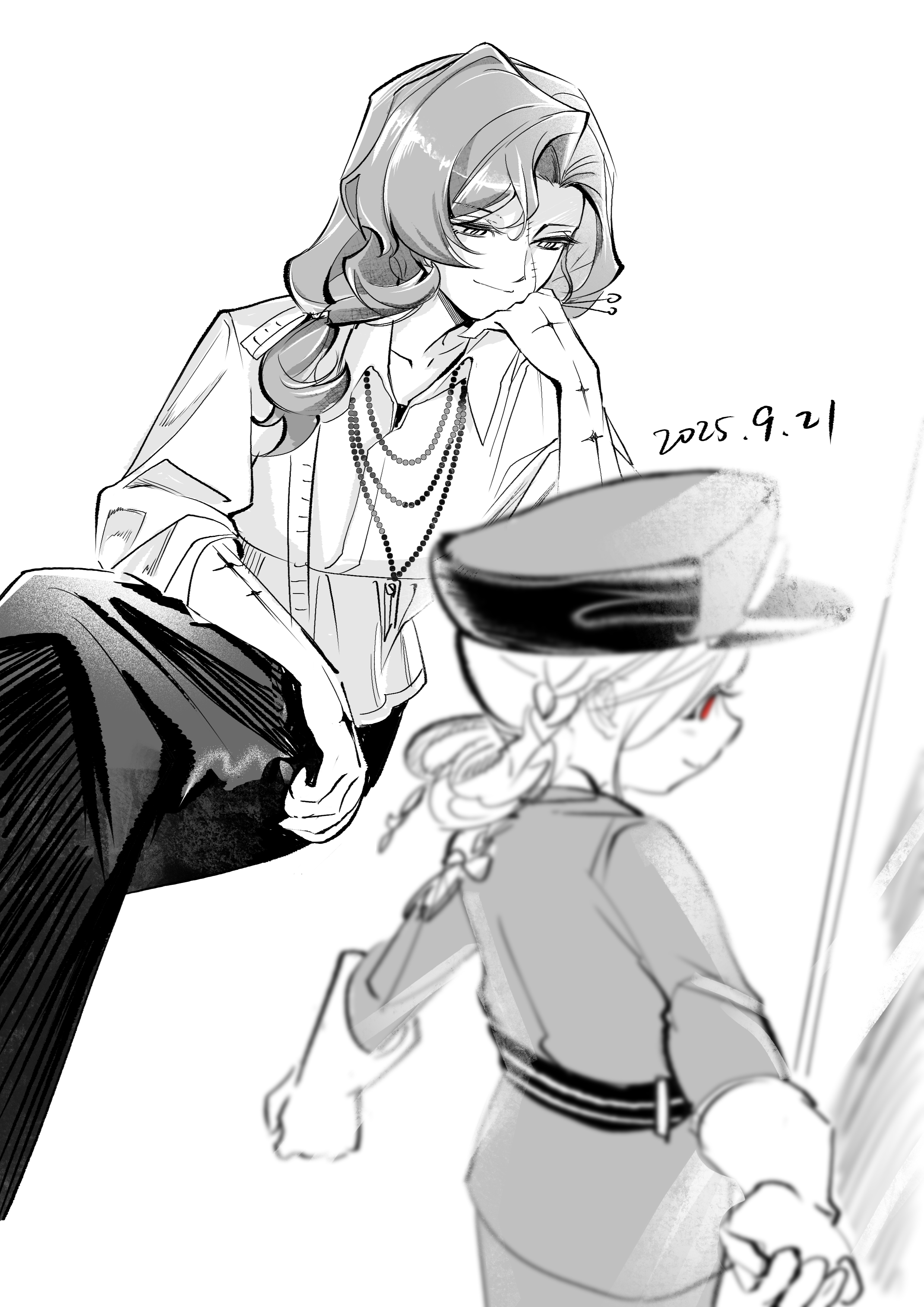 reverse:1999, absurdres, highres, 2girls, aima (reverse:1999), corvus (reverse:1999), dated, gloves, greyscale, hair rings, hand on own cheek, hand on own face, hat, head rest, invisible chair, jacket, jewelry, long hair, long skirt, looking at another, monochrome, moroumo, multiple girls, necklace, peaked cap, profile, red eyes, shirt, sitting, skirt, smile, spot color, stitched face, stitches, upper body
