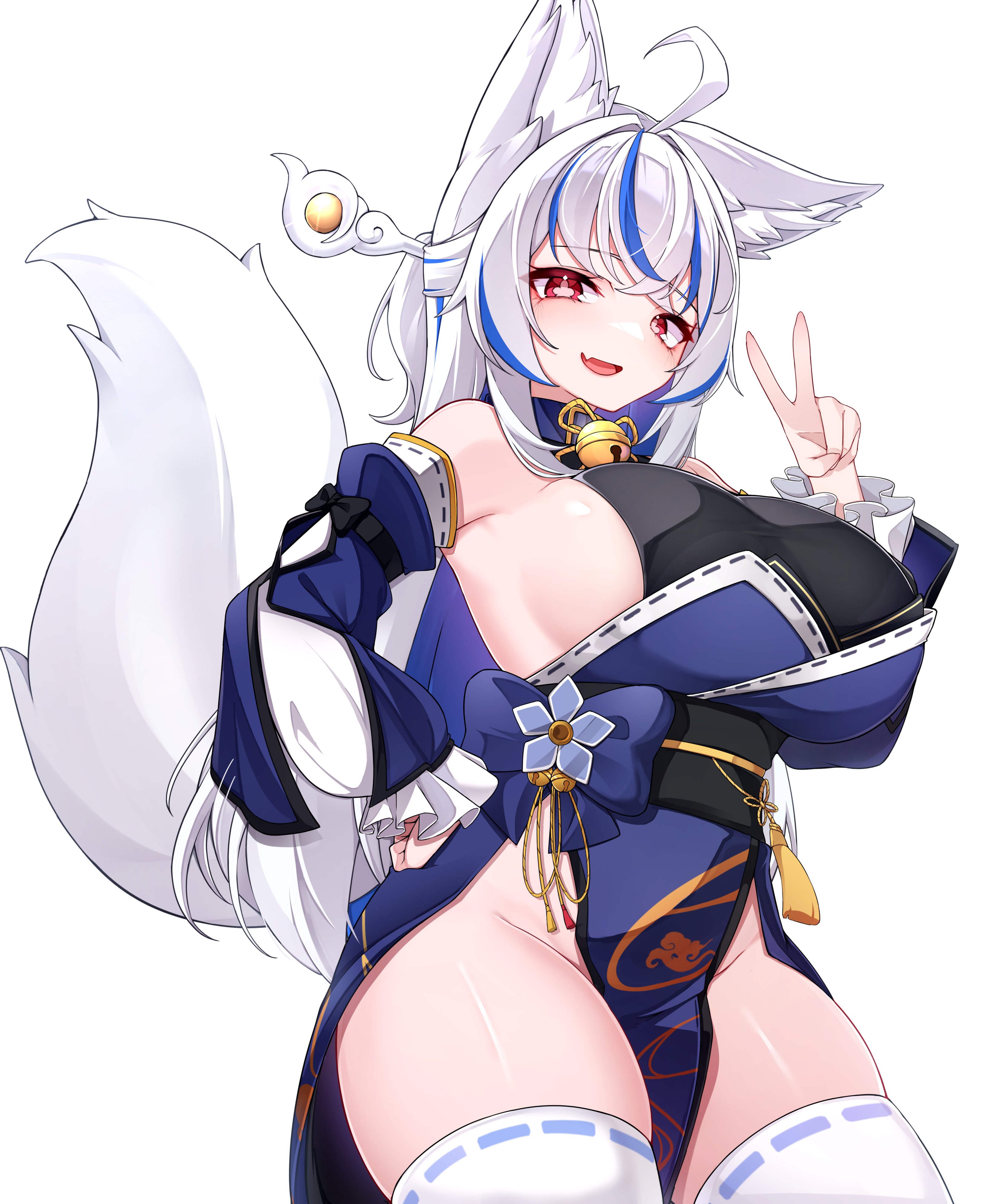 5danny1206, original, absurdres, commentary, highres, symbol-only commentary, 1girl, ahoge, animal ear fluff, animal ears, bare shoulders, bell, blue collar, blue hair, blue kimono, breasts, chinese knot, collar, cowboy shot, fang, flower-shaped pupils, fox ears, fox girl, fox tail, frilled sleeves, frills, gold trim, groin, hair ornament, hairpin, halter shirt, halterneck, hand on own hip, japanese clothes, kimono, large breasts, large tail, long hair, long sleeves, looking at viewer, multicolored hair, neck bell, obi, obijime, open mouth, pelvic curtain, print kimono, red eyes, ribbon-trimmed clothes, ribbon-trimmed thighhighs, ribbon trim, sash, sideboob, skin fang, skindentation, sleeveless, sleeveless kimono, smile, solo, streaked hair, symbol-shaped pupils, tail, tassel, thighhighs, two-tone hair, v, white background, white hair, white tail, white thighhighs