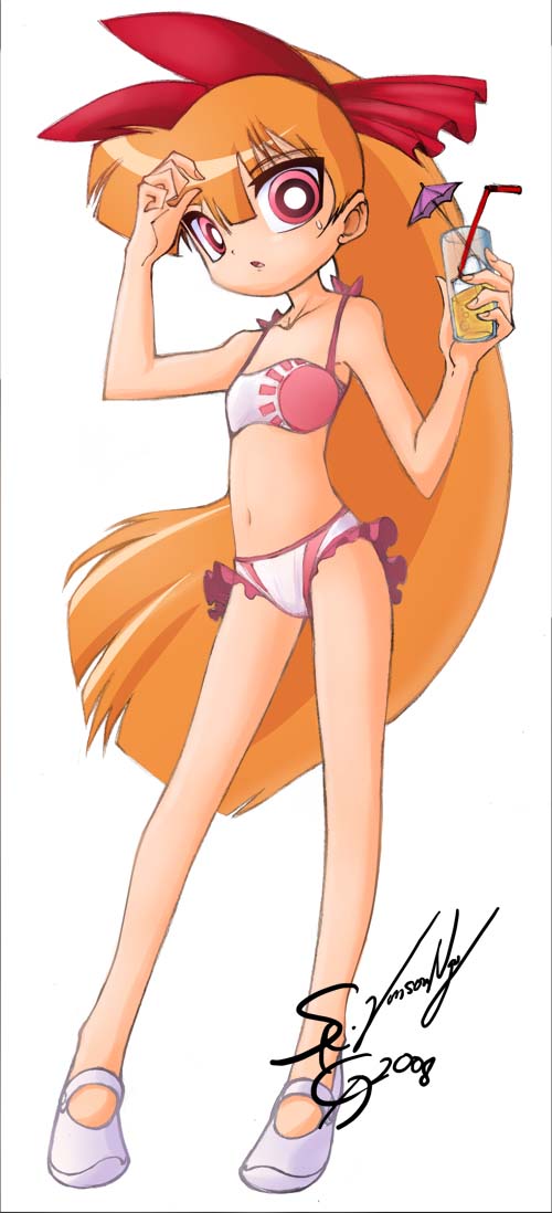 bleedman, seiryuga, blossom (ppg), powerpuff girls, bikini, bow, long hair, orange hair, pink eyes, swimsuit