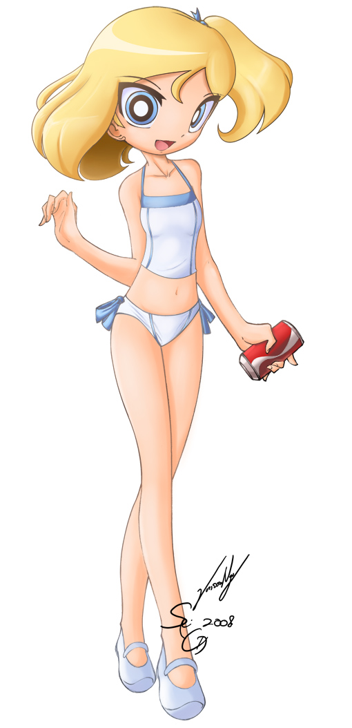 bleedman, seiryuga, bubbles (ppg), powerpuff girls, bikini, blonde hair, blue eyes, ribbon, short hair, swimsuit, tankini