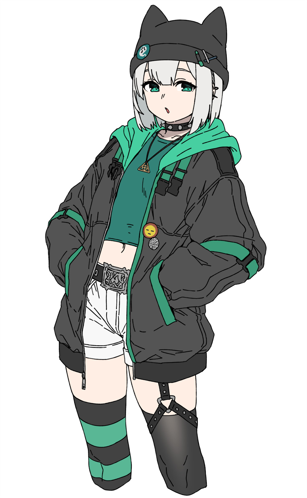 houtengeki, original, 1girl, collar, collarbone, flat chest, hat, looking at viewer, medium hair, navel, simple background, solo, spiked collar, spikes, thighhighs, white background, white hair