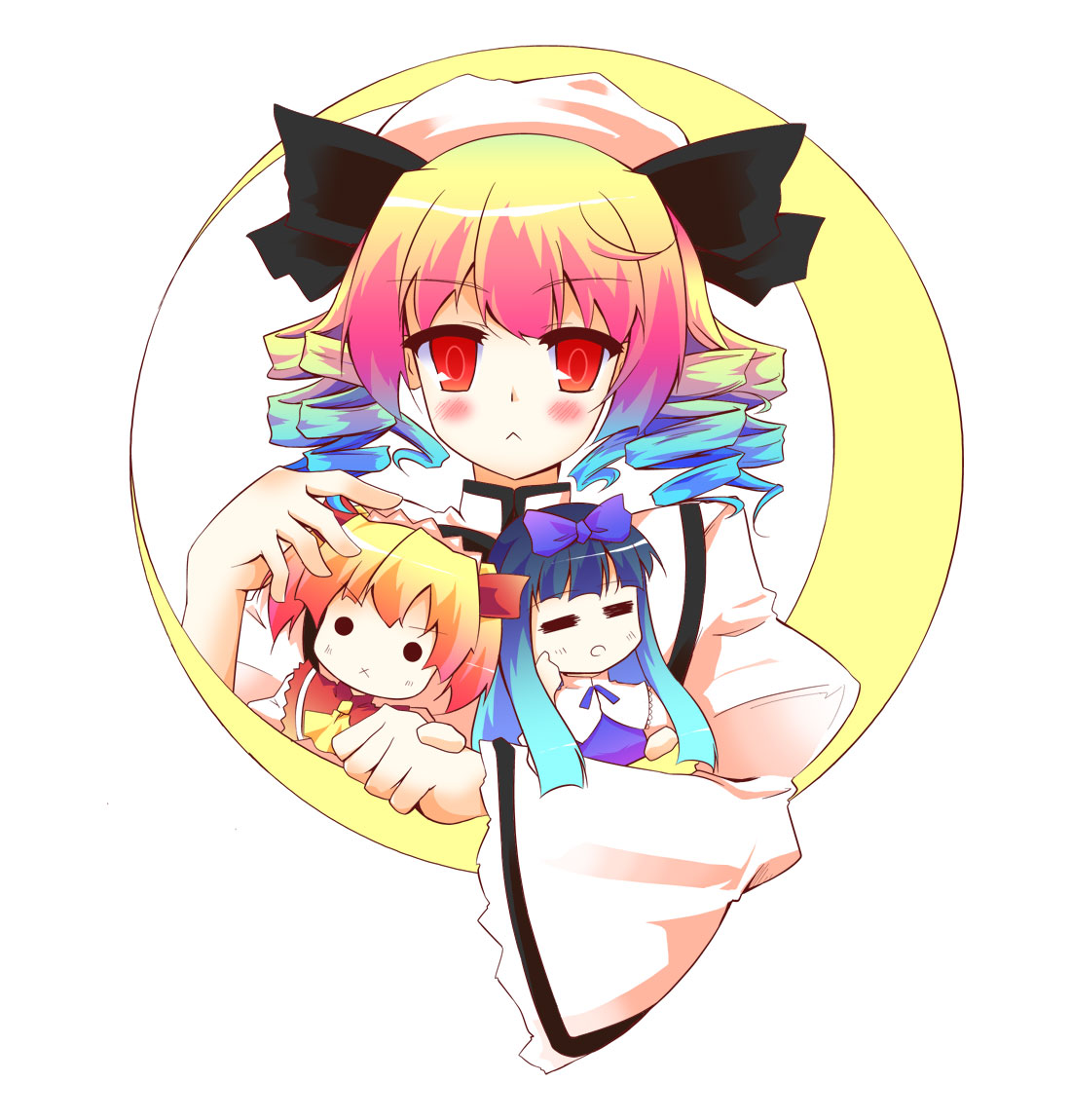 nanamomo rio, nanamomorio, luna child, star sapphire, sunny milk, perfect memento in strict sense, touhou, bad id, bad pixiv id, 3girls, :<, female focus, multiple girls, x mouth