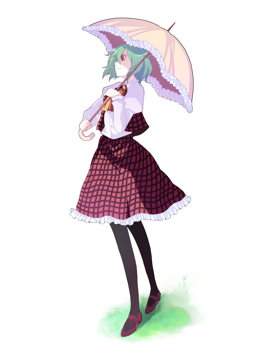 harano, kazami yuuka, touhou, bad id, bad pixiv id, 1girl, :3, ascot, black pantyhose, female focus, full body, green hair, mary janes, pantyhose, parasol, plaid clothes, plaid skirt, plaid vest, profile, red eyes, shade, shoes, short hair, skirt, skirt set, solo, standing, umbrella, vest, white background