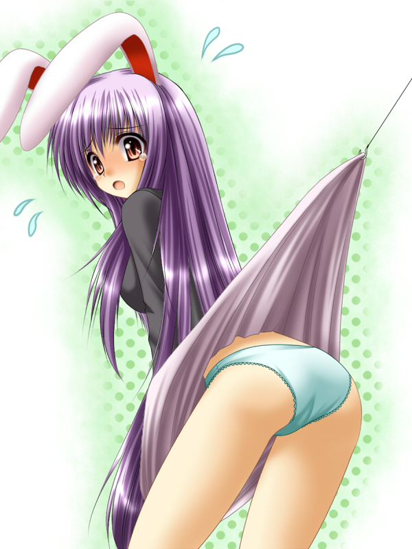 chitose (pixiv), kagura chitose, reisen udongein inaba, touhou, 1girl, animal ears, ass, female focus, fishing rod, green panties, long hair, panties, purple hair, rabbit ears, solo, underwear