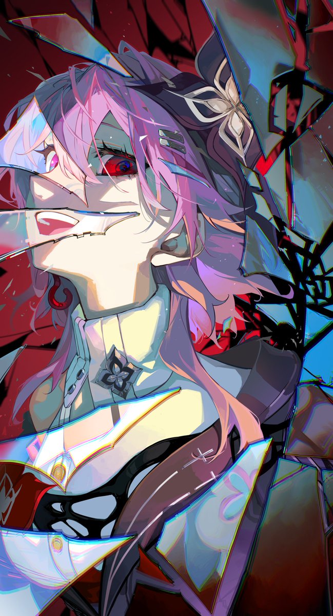 merah drow, evernight (honkai: star rail), march 7th (honkai: star rail), march 7th (preservation) (honkai: star rail), honkai: star rail, honkai (series), highres, 1girl, black flower, breasts, buttons, collar, crack, crystal, dual persona, earrings, flower, hair flower, hair ornament, hairclip, jewelry, multicolored eyes, parallel hairclips, pink hair, red hair, shards, single earring, teeth, two-tone eyes, upper body, upper teeth only, white collar