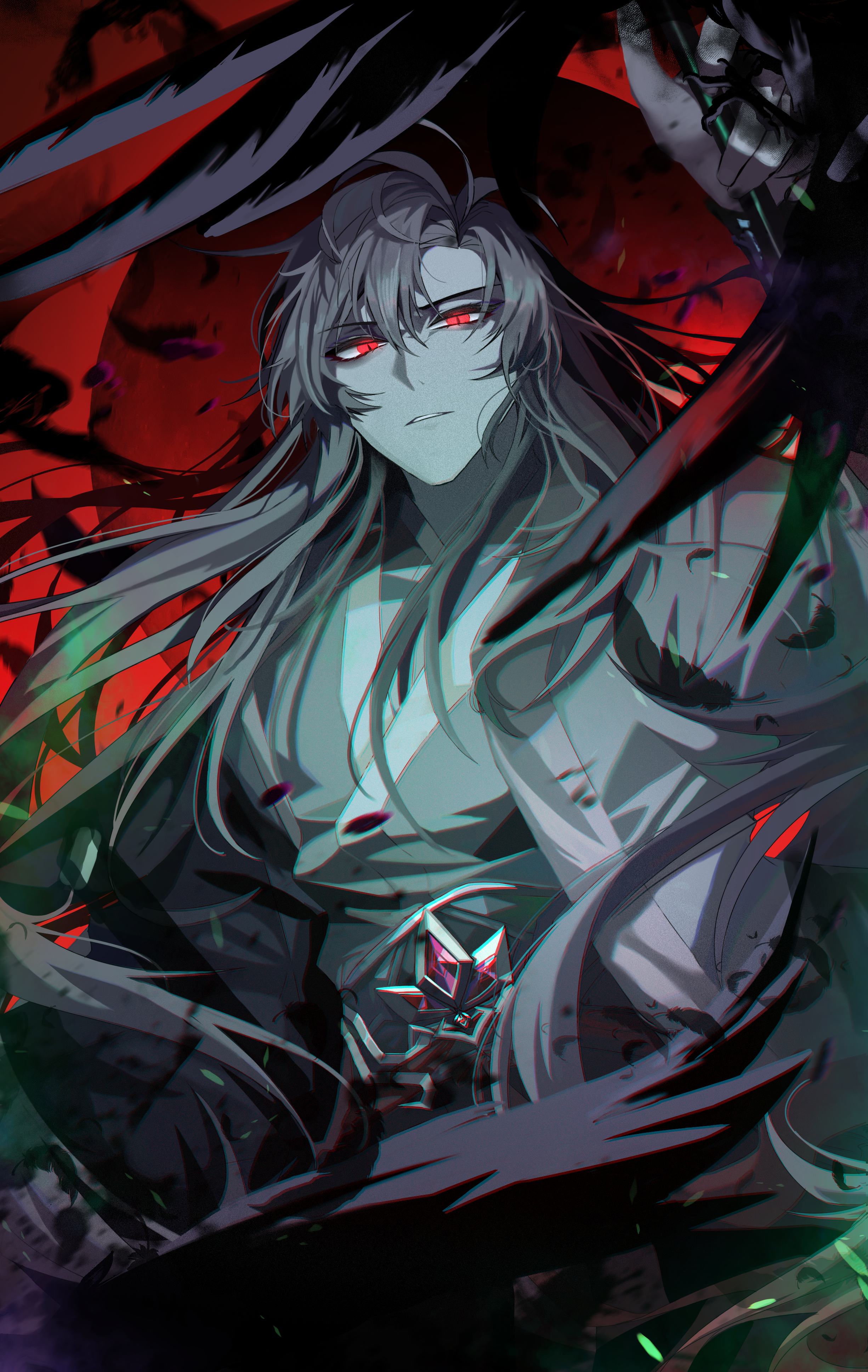 ggi bang, wei wuxian, wei wuxian (yiling laozu), modao zushi, absurdres, highres, 1boy, ahoge, aura, bird, black bird, black feathers, black hair, black hanfu, black smoke, chenqing flute, chinese clothes, coat, crow, dizi, falling feathers, feathers, fighting stance, floating hair, flute, full moon, glowing, glowing eyes, grey coat, hair between eyes, hair down, half updo, hand up, hanfu, holding, holding flute, holding instrument, holding weapon, instrument, limited palette, long hair, long sleeves, looking at viewer, male focus, moon, official alternate costume, official alternate hairstyle, open clothes, open coat, parted bangs, parted lips, pectorals, red background, red eyes, red moon, red sky, robe, sash, sky, solo, spot color, transverse flute, upper body, weapon, wide sleeves