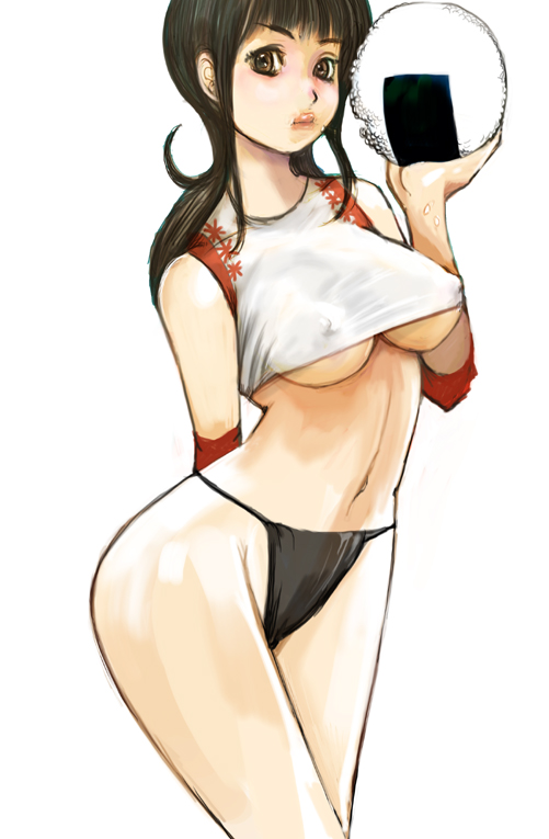 kazaana, original, 1girl, black hair, breasts, brown eyes, covered erect nipples, elbow pads, female focus, food, lips, medium breasts, onigiri, panties, solo, underboob, underwear