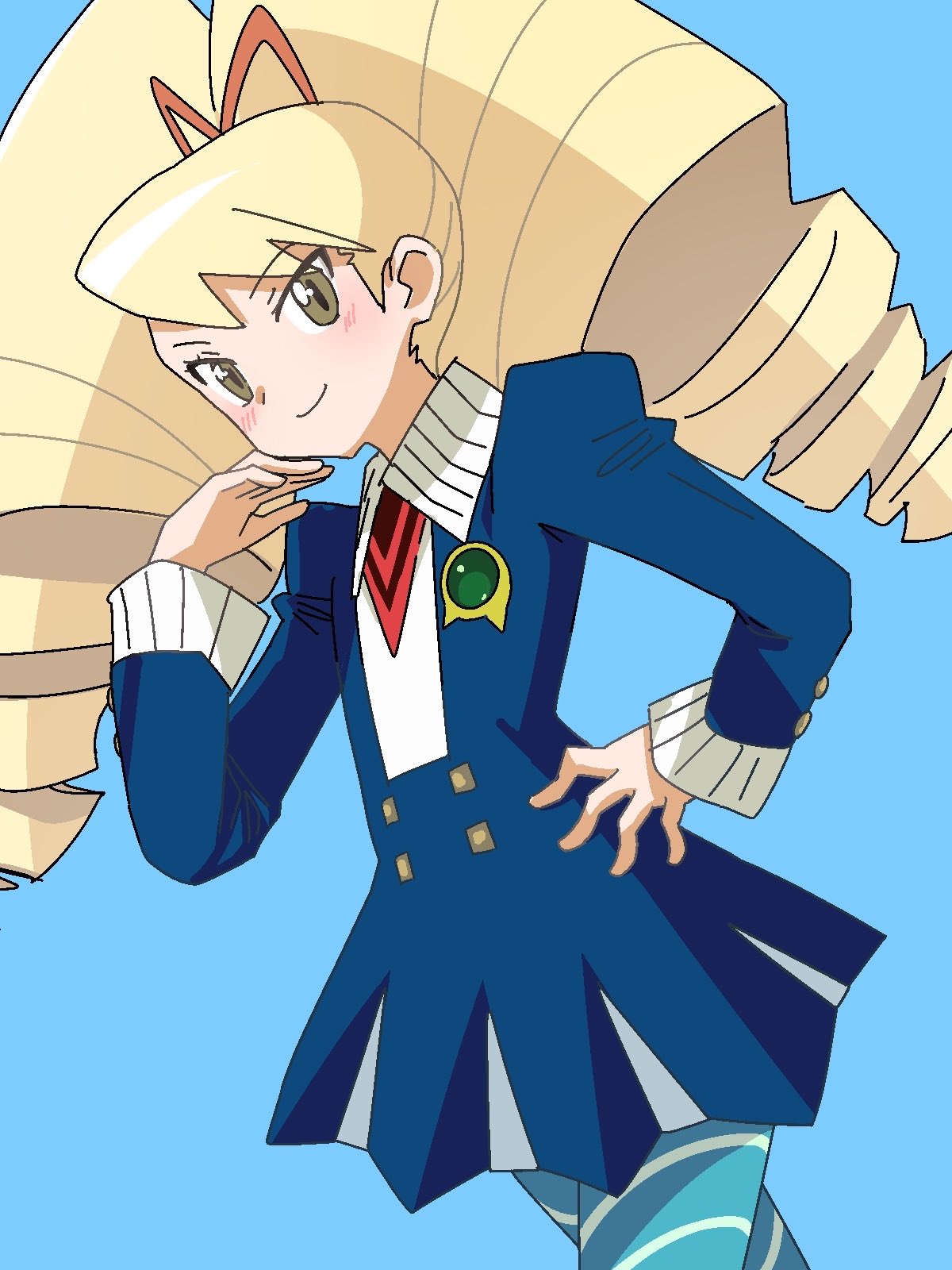 luna platz (mega man), mega man (series), mega man star force (series), highres, 1girl, big hair, blonde hair, blue background, blue dress, blue pantyhose, blush, bow, closed mouth, dress, drill hair, hair bow, hand on own hip, kyoshiro dqx, long hair, long sleeves, looking at viewer, pantyhose, smile, solo, striped clothes, striped pantyhose, twin drills