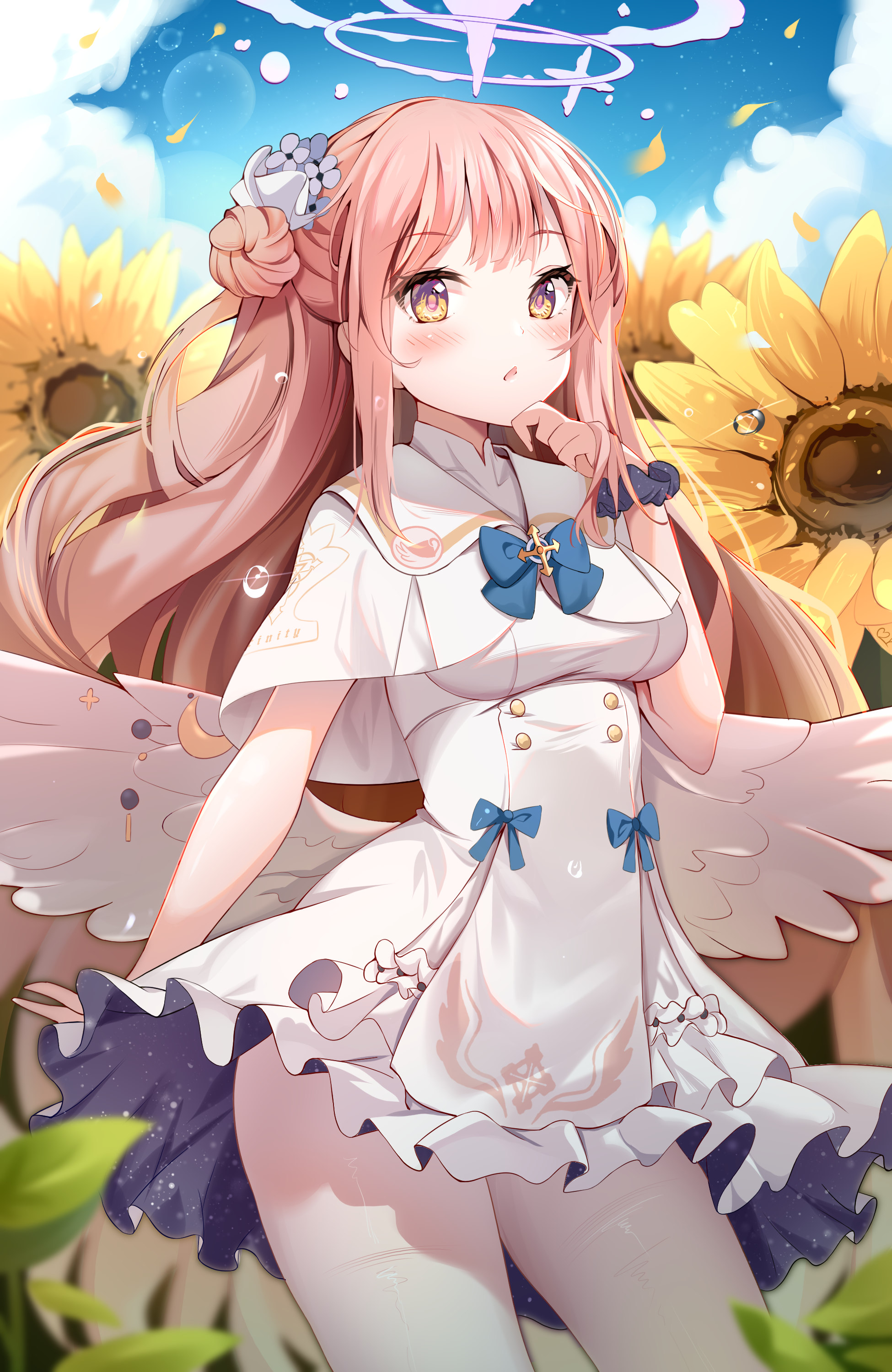 ccczr, mika (blue archive), blue archive, absurdres, highres, 1girl, angel wings, blue bow, blush, bow, breasts, buttons, capelet, crescent, dress, falling petals, feathered wings, flower, gold trim, hair bun, hair flower, hair ornament, halo, long hair, looking at viewer, low wings, medium breasts, open mouth, pantyhose, petals, pink hair, pink halo, single hair bun, single side bun, solo, sunflower, very long hair, white capelet, white dress, white pantyhose, white wings, wing ornament, wings, wrist cuffs, yellow eyes, yellow petals