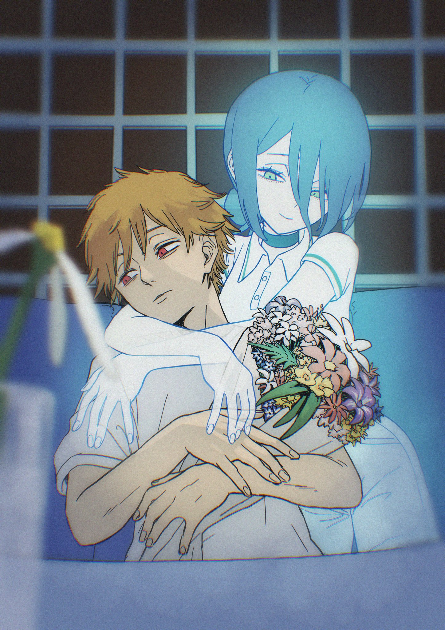 ym yoshiya, denji (chainsaw man), reze (chainsaw man), chainsaw man, highres, 1boy, 1girl, blonde hair, choker, flower, ghost, glass, green eyes, hair bun, hug, indoors, purple hair, red eyes, shirt, single hair bun, smile, table, upper body, white shirt