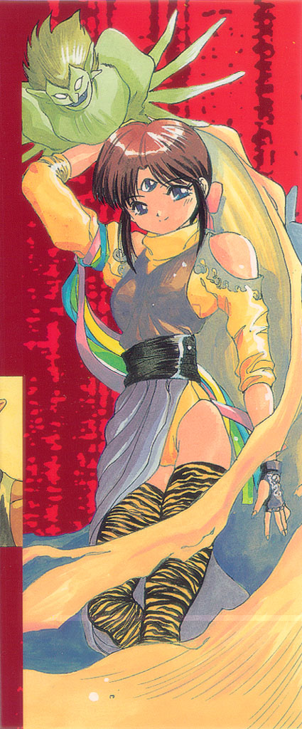 takada yuuzou, parvati iv, takuhi, 3×3 eyes, 1girl, animal print, brown hair, female focus, fingerless gloves, gloves, solo, thighhighs, tiger print