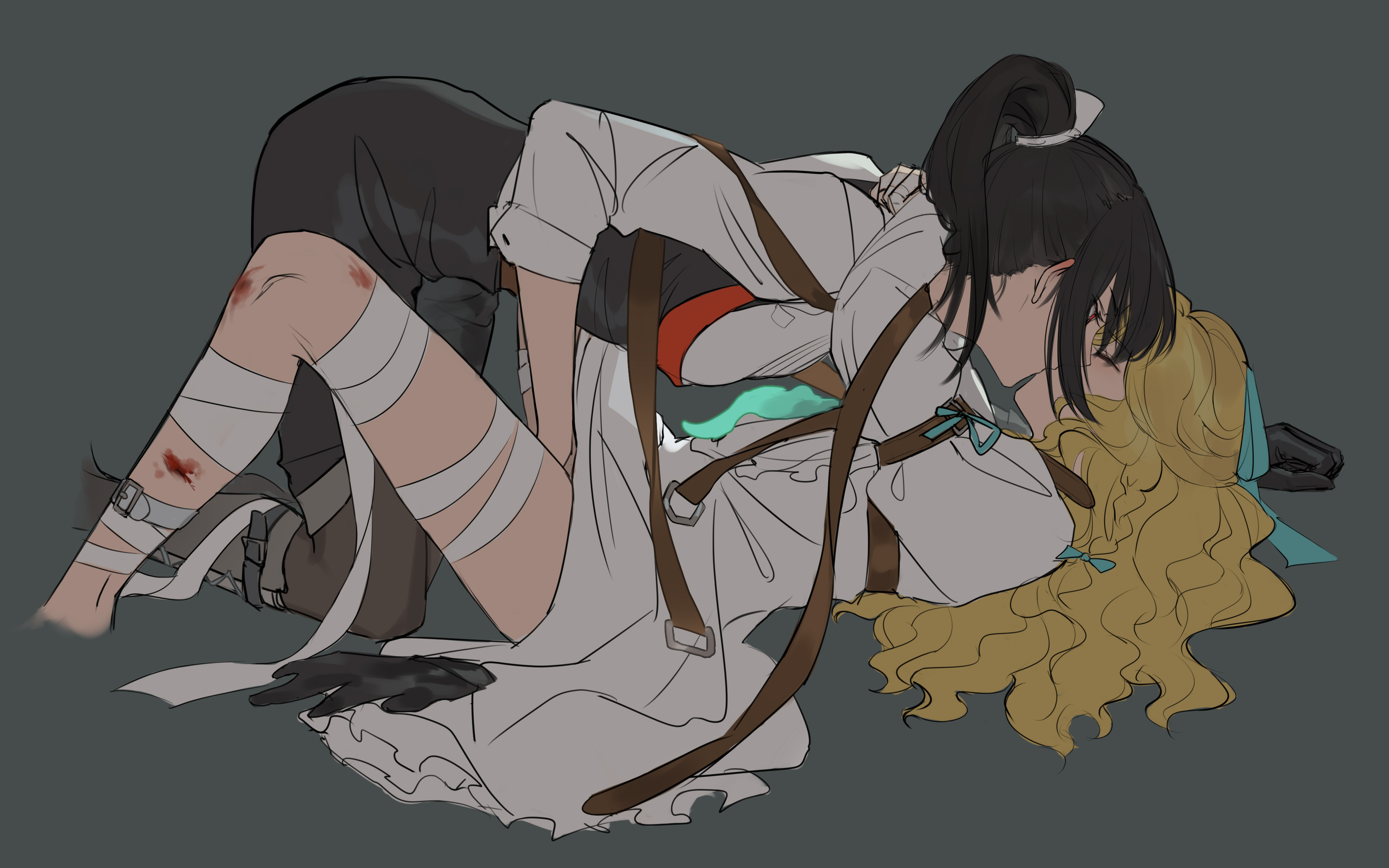 bamboo nima, lorelei (reverse:1999), semmelweis (reverse:1999), reverse:1999, absurdres, highres, 2girls, aqua bow, arms around neck, bandaged leg, bandages, black hair, black pantyhose, black skirt, blonde hair, bow, closed eyes, cropped legs, dress, feet out of frame, from side, grey background, hair bow, hand under dress, hug, implied fingering, kiss, kneeling, long hair, lying, multiple girls, on back, pantyhose, ponytail, red eyes, scar, scar on leg, shirt, skirt, white dress, white shirt, yuri