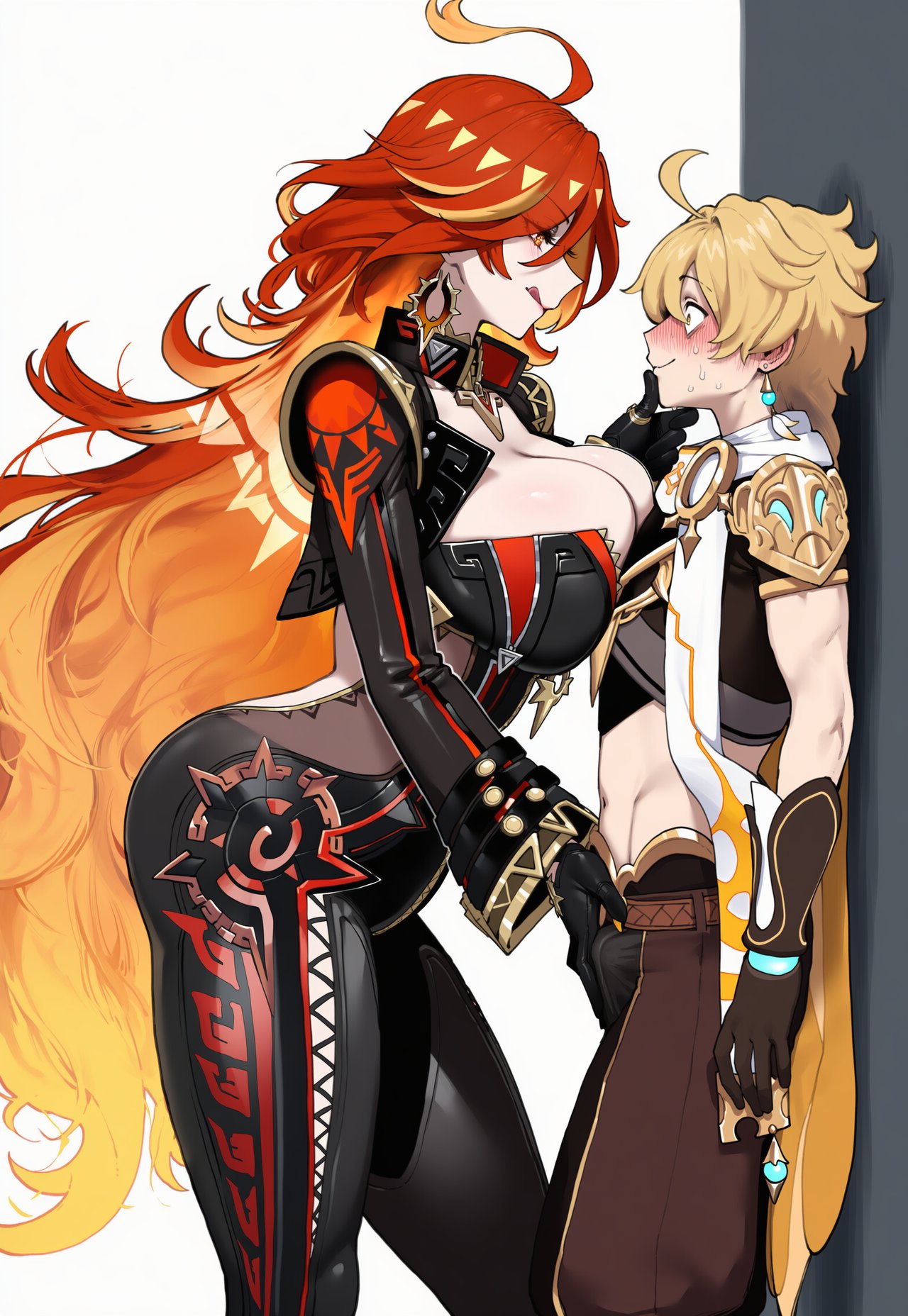 aether (genshin impact), mavuika (genshin impact), genshin impact, highres, 1boy, 1girl, assertive female, biker clothes, bikesuit, black bodysuit, blonde hair, blush, bodysuit, breasts, earrings, jewelry, large breasts, long hair, multicolored hair, orange hair, red hair, tall female, truckkunart, two-tone hair