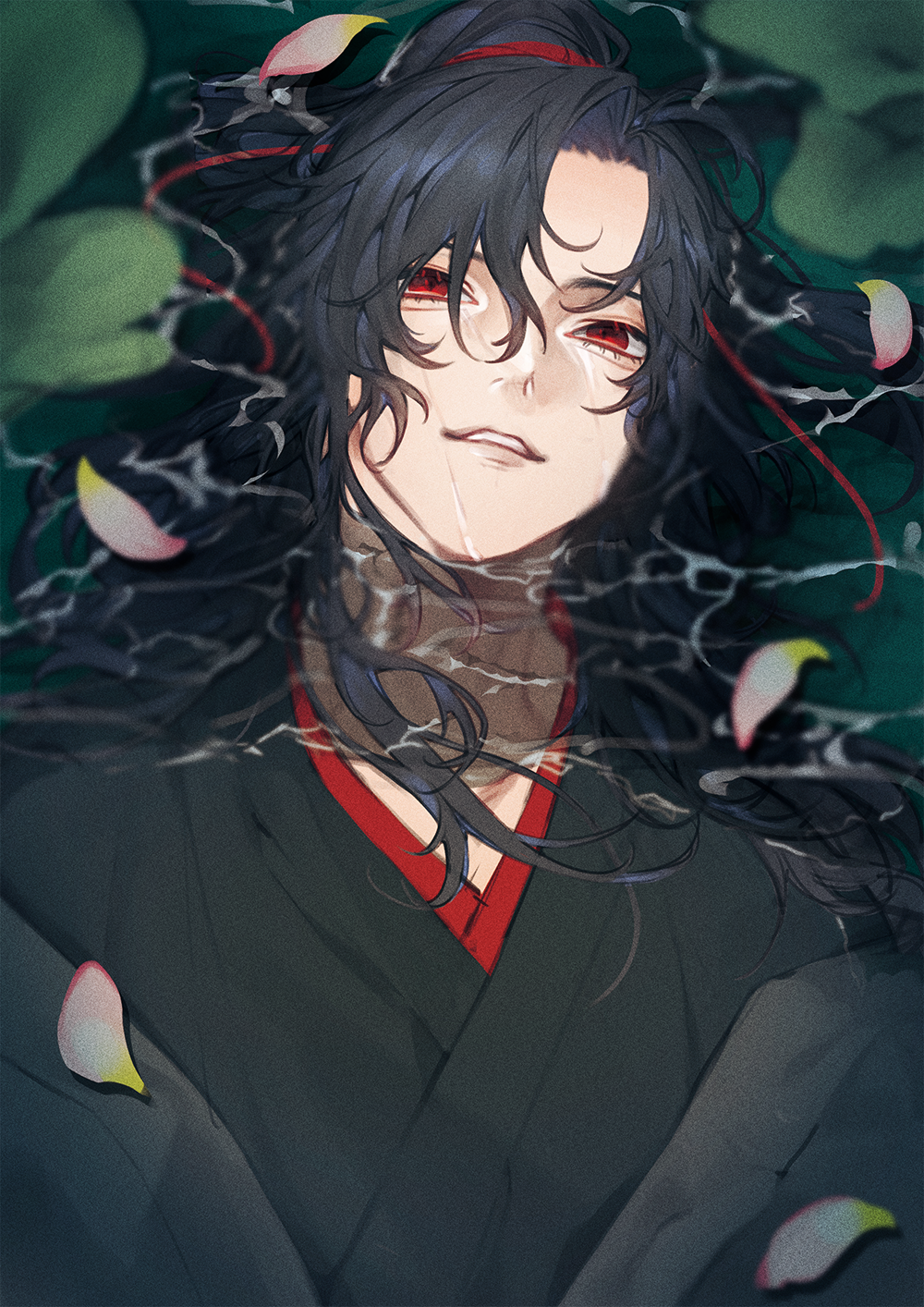 otochi (otc so), wei wuxian, modao zushi, highres, 1boy, afloat, ahoge, bishounen, black hair, black hanfu, blurry, chinese clothes, eyelashes, hair ribbon, hanfu, in water, leaf, lily pad, long hair, long sleeves, looking at viewer, lotus leaf, lying, male focus, on back, parted lips, partially submerged, petals, petals on liquid, pink petals, ponytail, red eyes, red ribbon, ribbon, robe, sidelocks, smile, solo, upper body, water, wet, wet face, wet hair