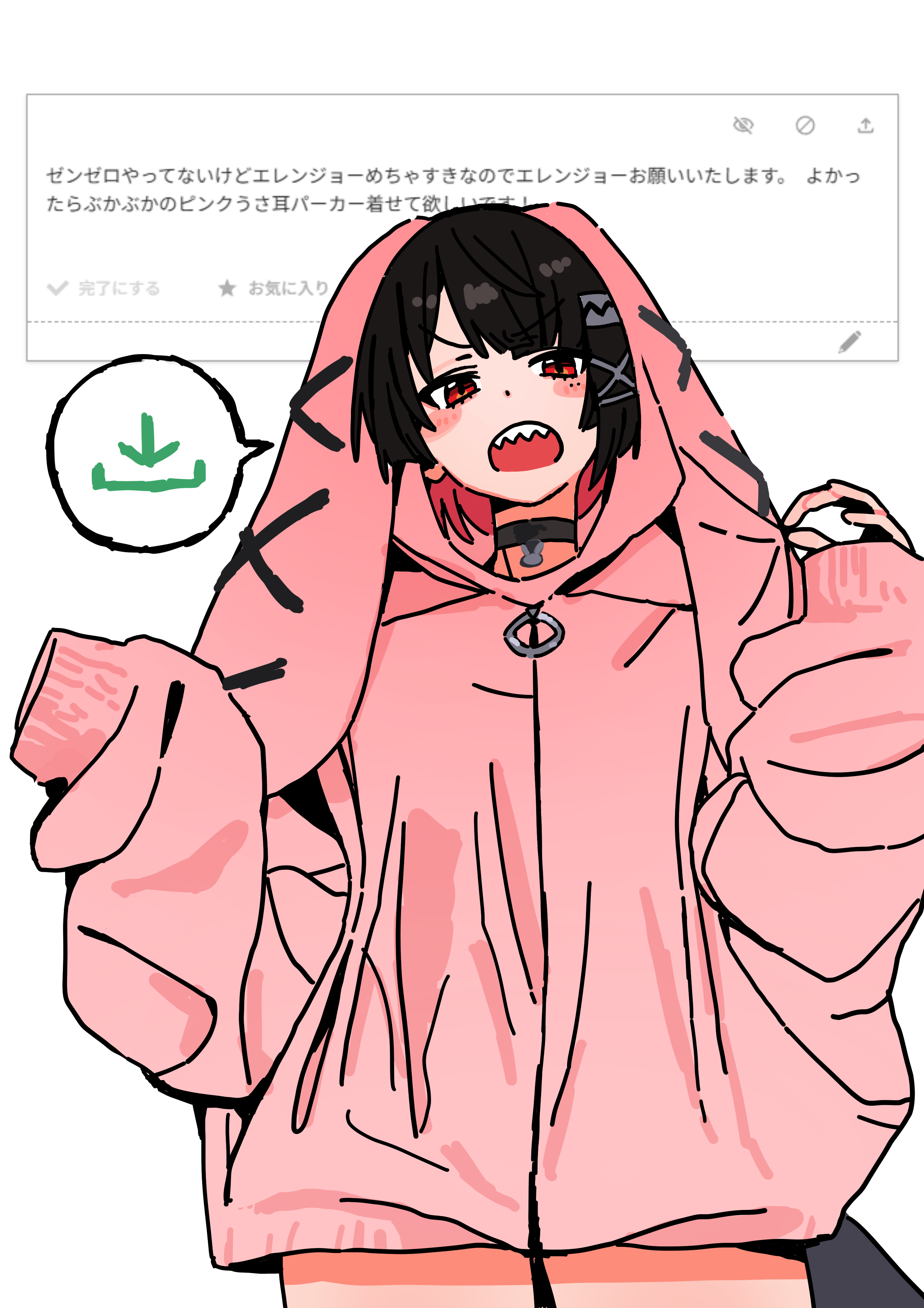 andii (anzai teachco), ellen joe, zenless zone zero, absurdres, highres, 1girl, alternate costume, animal ears, black hair, blush, collar, colored inner hair, download button, fake animal ears, fins, fish tail, hood, hoodie, looking at viewer, mole, mole under eye, multicolored hair, open mouth, oversized clothes, pink hoodie, rabbit ears, razor blade hair ornament, red eyes, shark girl, shark tail, sharp teeth, solo, speech bubble, tail, teeth, upper teeth only, white background, zipper, zipper pull tab