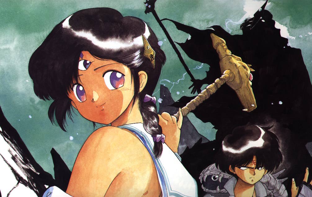 takada yuuzou, fujii yakumo, hueio, parvati iv, shiva (3×3 eyes), yakumo fuji, 3×3 eyes, 1boy, 1girl, bare shoulders, black hair, braid, facial mark, forehead mark, lightning, looking back, purple eyes, retro artstyle, short hair, silhouette, single braid, smile, third eye, upper body