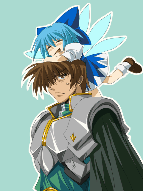 pin.x, cirno, rance, rance (series), sengoku rance, touhou, armor, blue hair, brown eyes, brown hair, crossover, ribbon, wings