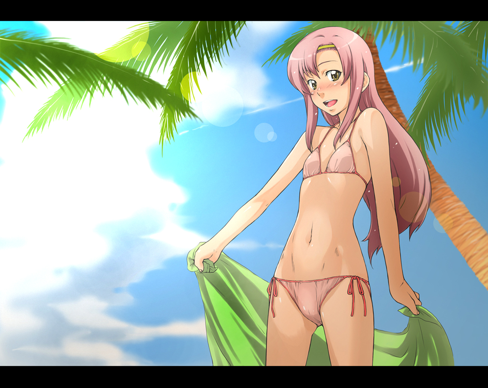 sakura kotetsu, katsura hinagiku, hayate no gotoku!, bad id, bad pixiv id, 00s, 1girl, bikini, blush, brown eyes, day, female focus, flat chest, long hair, palm tree, pink bikini, pink hair, side-tie bikini bottom, sky, solo, swimsuit, tree