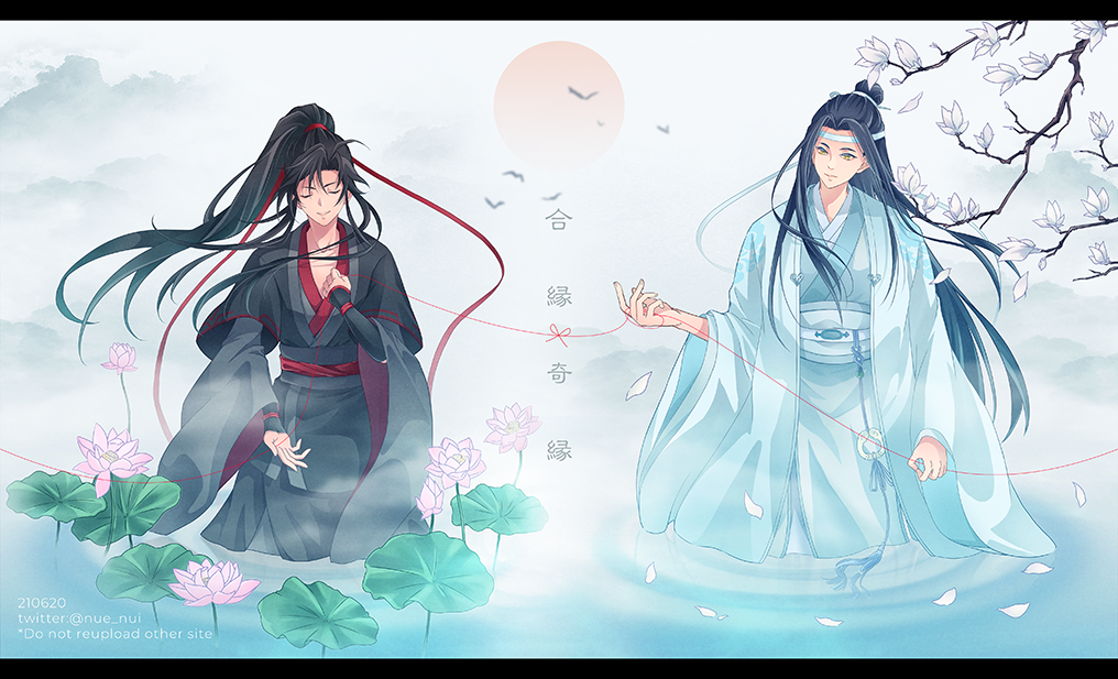 kuzutetsu no nue, lan wangji, wei wuxian, modao zushi, 2boys, ahoge, bird, bishounen, black hair, black hanfu, branch, chinese clothes, chinese text, closed eyes, closed mouth, couple, crow, dated, falling petals, floating hair, flower, fog, hair ribbon, hand up, hanfu, headband, high ponytail, holding, holding string, letterboxed, lily pad, long hair, long sleeves, looking at another, lotus, lotus leaf, male focus, multiple boys, partially submerged, petals, petals on liquid, pink flower, ponytail, red eyes, red ribbon, red sash, ribbon, ripples, robe, sash, sidelocks, sleeves past wrists, smile, standing, string, string around finger, string of fate, sun, tassel, topknot, twitter username, very long hair, wading, water, watermark, white flower, white hanfu, white headband, white sash, wide sleeves, xiao guan (headdress), yaoi, yaopei, yellow eyes