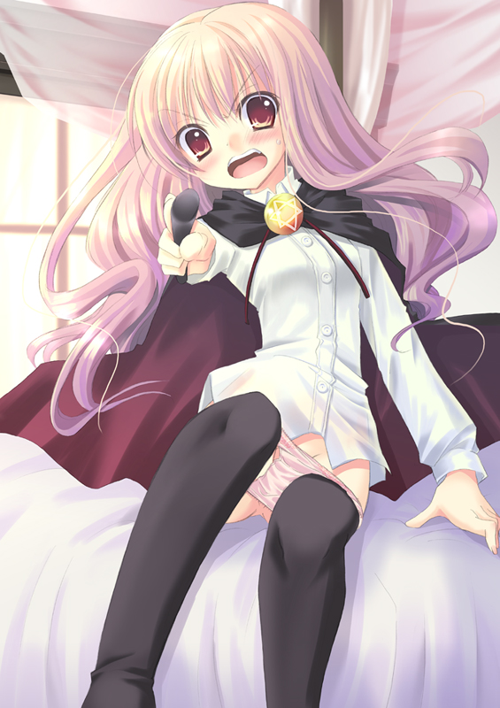 alto seneka, louise francoise le blanc de la valliere, zero no tsukaima, bad id, bad pixiv id, 00s, 1girl, angry, cape, female focus, long hair, panties, panty pull, pentacle, pink eyes, pink hair, solo, thighhighs, underwear, wand