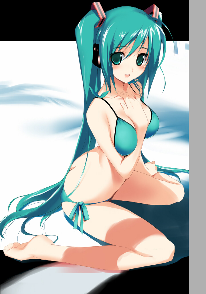 hima, hatsune miku, vocaloid, bad id, bad pixiv id, 1girl, aqua bikini, aqua eyes, aqua hair, barefoot, bikini, butt crack, female focus, long hair, side-tie bikini bottom, sitting, solo, swimsuit, twintails, very long hair