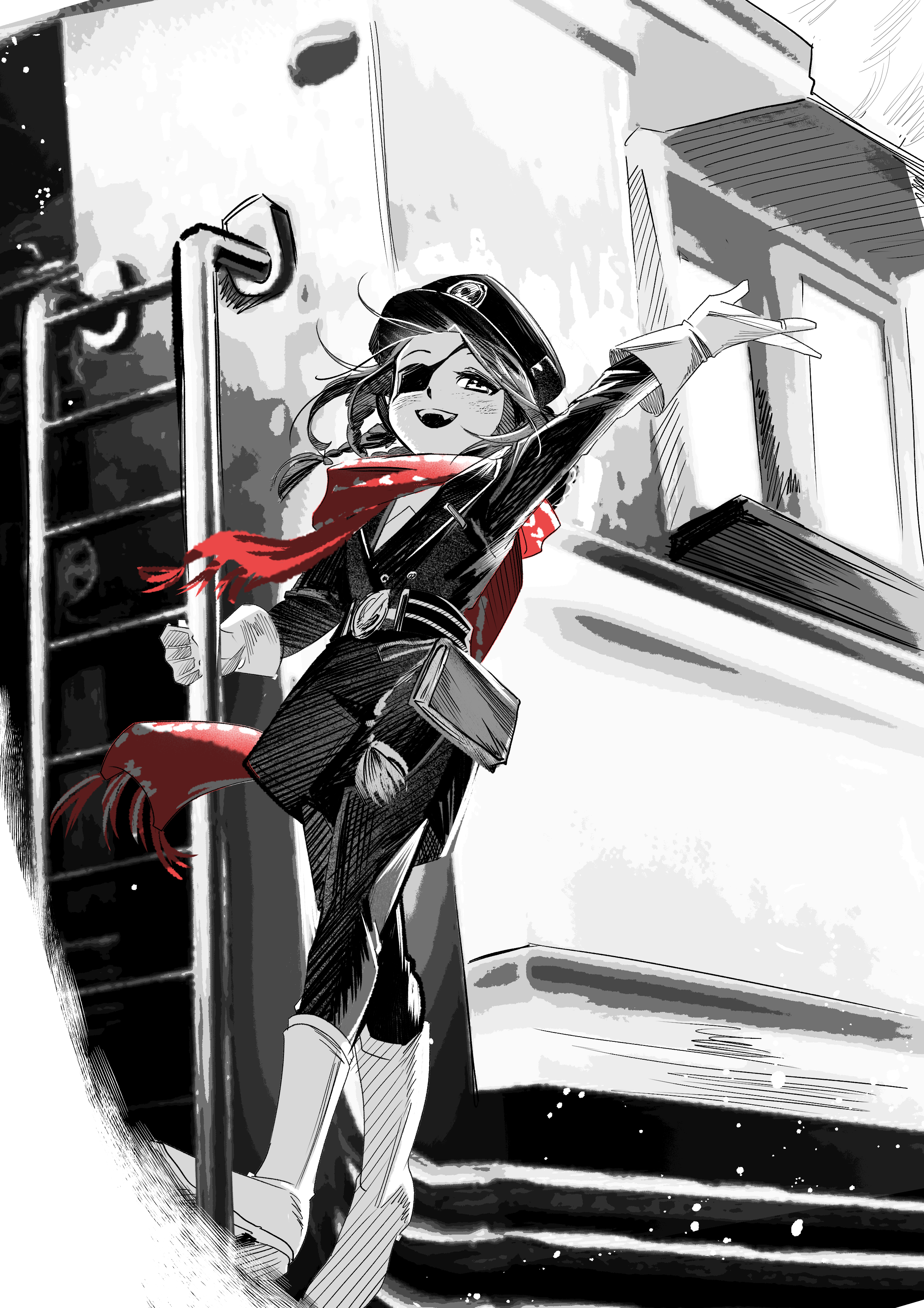 reverse:1999, absurdres, highres, 1girl, :d, aima (reverse:1999), arm up, boots, eyepatch, full body, gloves, greyscale, hat, holding, holding pole, jacket, looking up, monochrome, moroumo, open mouth, pants, peaked cap, pole, red scarf, scarf, smile, solo, spot color, standing, train