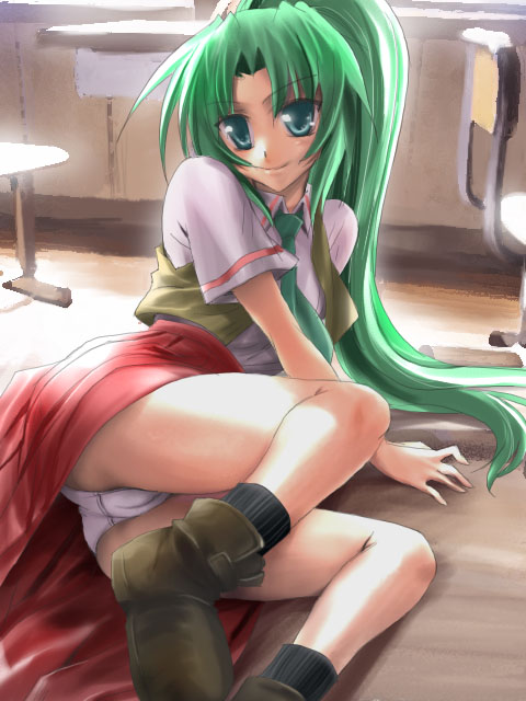 pin.x, sonozaki mion, higurashi no naku koro ni, 00s, 1girl, cameltoe, female focus, green eyes, green hair, long hair, panties, pantyshot, ponytail, red skirt, school uniform, short sleeves, skirt, solo, underwear, upskirt, white panties
