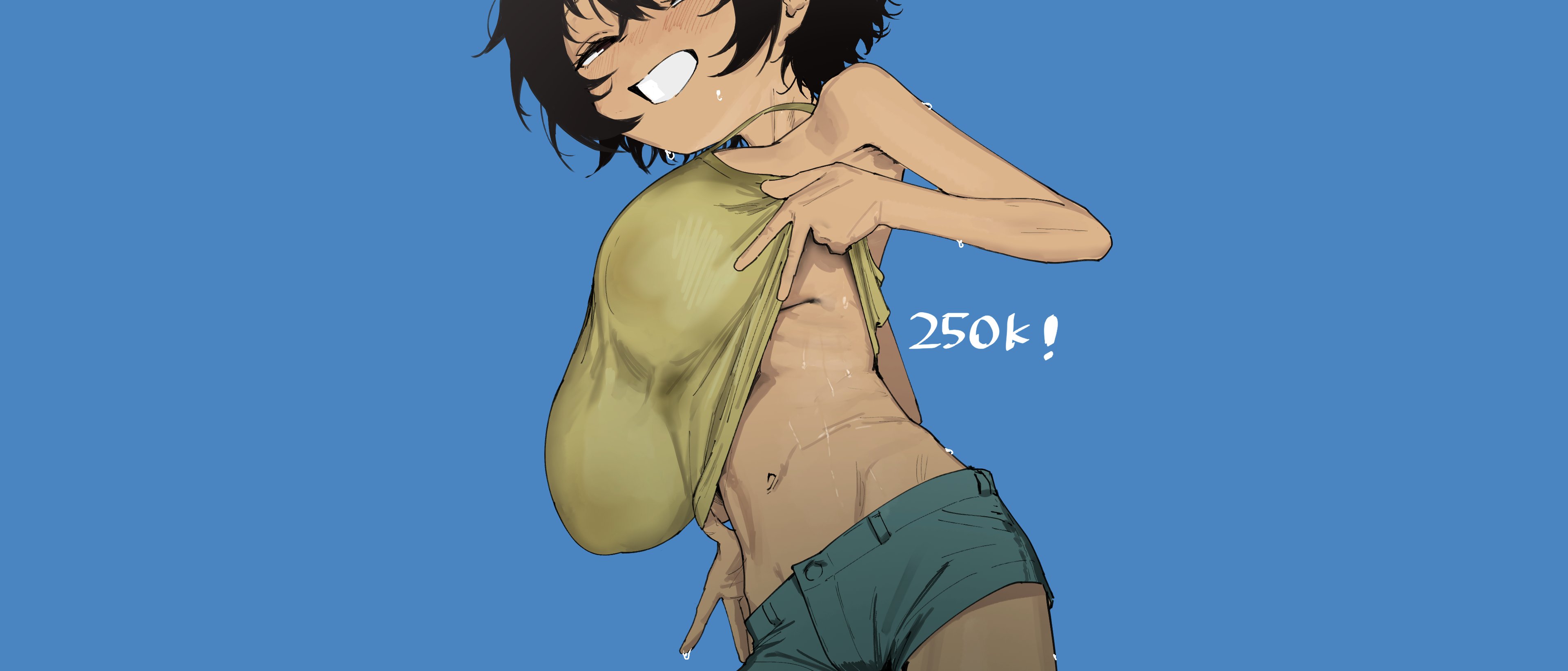 shikisokuzeku76, saki-chan (shikisokuzeku76), original, absurdres, commentary request, highres, 1girl, bare arms, black hair, blue background, blue shorts, blush, breasts, camisole, camisole lift, clothes lift, covered erect nipples, grin, half-closed eyes, head out of frame, large breasts, lifting own clothes, messy hair, milestone celebration, navel, no bra, oppai loli, ribs, short hair, short shorts, shorts, simple background, smile, solo, stomach, sweat, tomboy, yellow camisole