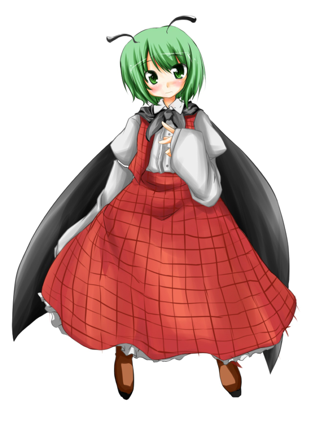 nanpuu, kazami yuuka, wriggle nightbug, touhou, 1girl, antennae, cosplay, female focus, green eyes, green hair, kazami yuuka (cosplay), matching hair/eyes, plaid clothes, plaid skirt, plaid vest, short hair, skirt, skirt set, solo, vest, white background