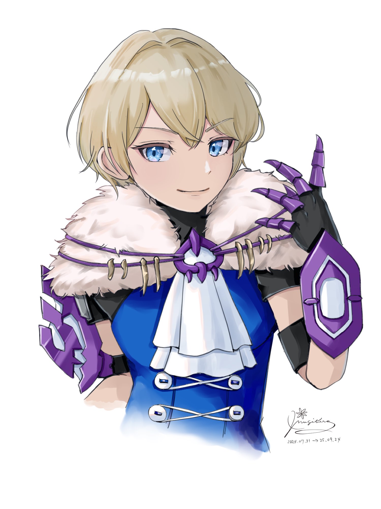 mugitoro (dsfv2277), merrin (fire emblem), fire emblem, fire emblem engage, nintendo, highres, 1girl, armor, ascot, blonde hair, blue eyes, blue shirt, breasts, closed mouth, cropped torso, fur trim, gloves, looking at viewer, medium breasts, shirt, short hair, simple background, smile, solo, upper body, white ascot, white background