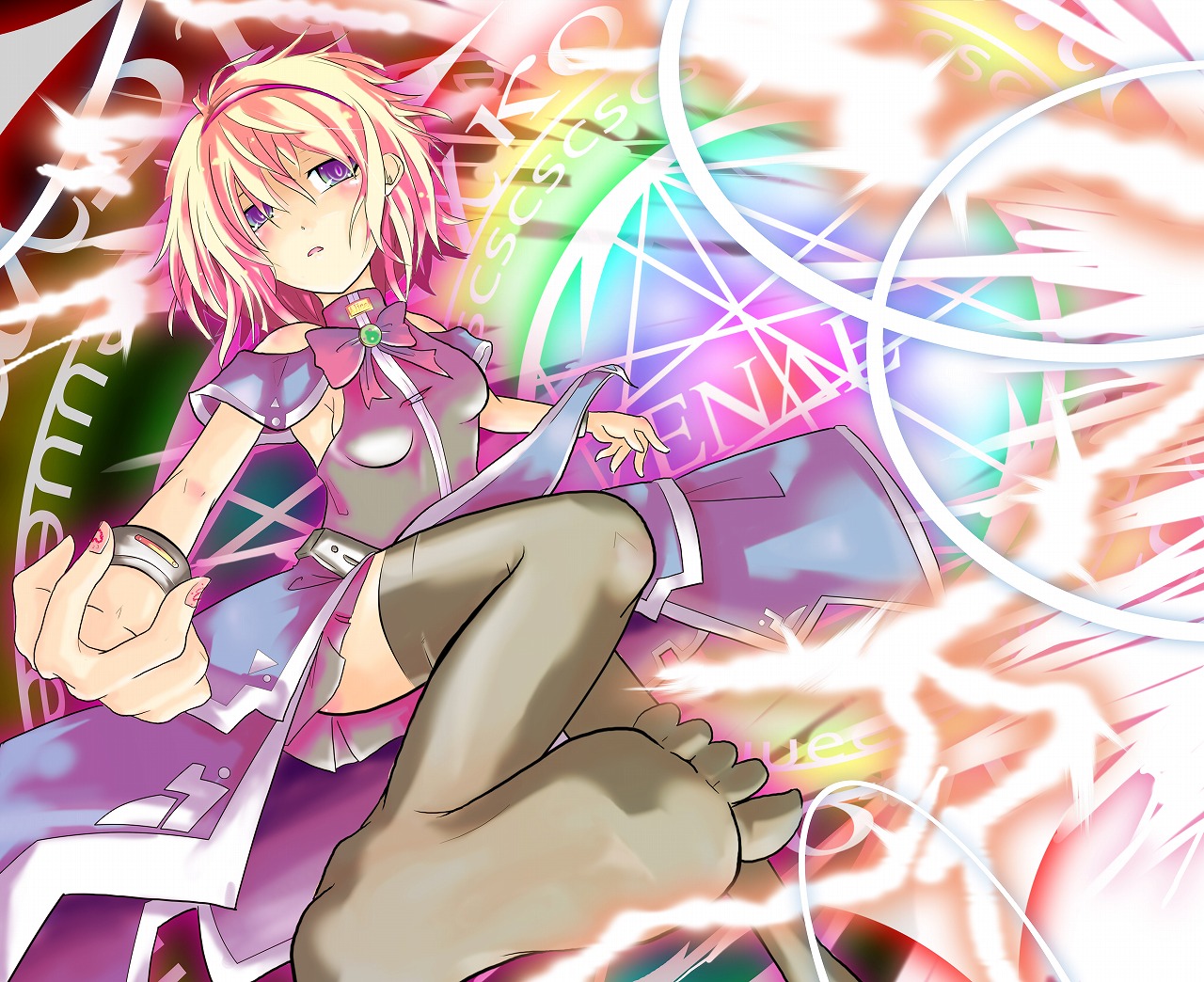 mito (calcomer), alice margatroid, touhou, bad id, bad pixiv id, 1girl, ass, blonde hair, breasts, feet, female focus, ribbon, short hair, socks, solo, thighhighs