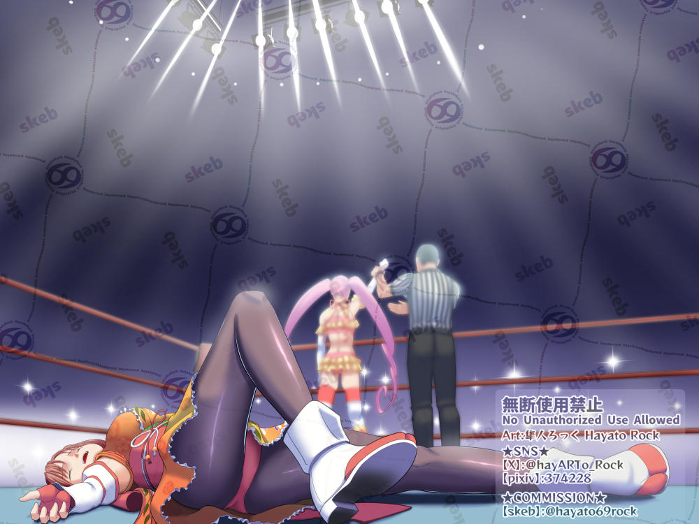 hayato rock, fujishima hitomi, kanai cuty, wrestle angels, wrestle angels survivor, 2girls, back, blush, boots, breasts, catfight, defeat, elbow gloves, fingerless gloves, gloves, japanese clothes, kimono, leggings, long hair, medium breasts, multiple girls, obi, orange kimono, pantyhose, pink hair, referee, sash, skirt, unconscious, watermark, wrestling, wrestling outfit, wrestling ring