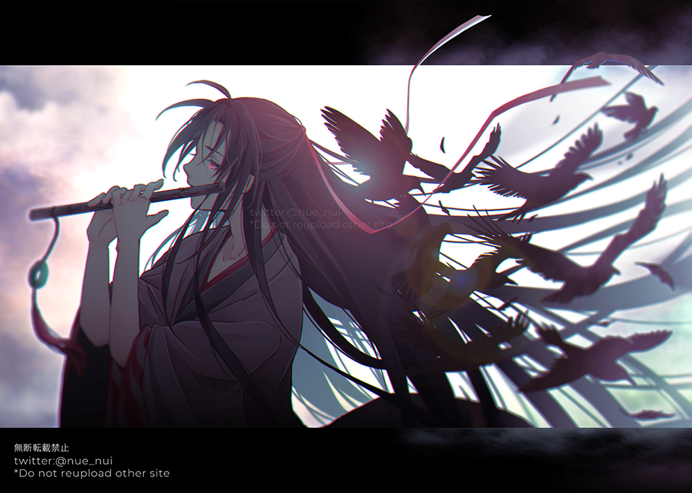 kuzutetsu no nue, wei wuxian, wei wuxian (yiling laozu), modao zushi, 1boy, ahoge, bird, black bird, black feathers, black hair, black hanfu, blurry, chenqing flute, chinese clothes, cloud, coat, crow, crying, crying with eyes open, dizi, falling feathers, feathers, floating hair, flute, flute tassel, grey coat, hair down, hair ribbon, half updo, hanfu, holding, holding flute, holding instrument, instrument, letterboxed, long hair, long sleeves, looking to the side, male focus, music, official alternate costume, official alternate hairstyle, playing flute, playing instrument, red eyes, red ribbon, ribbon, robe, sidelocks, sky, solo, tassel, tears, transverse flute, twitter username, upper body, very long hair, watermark, wide sleeves