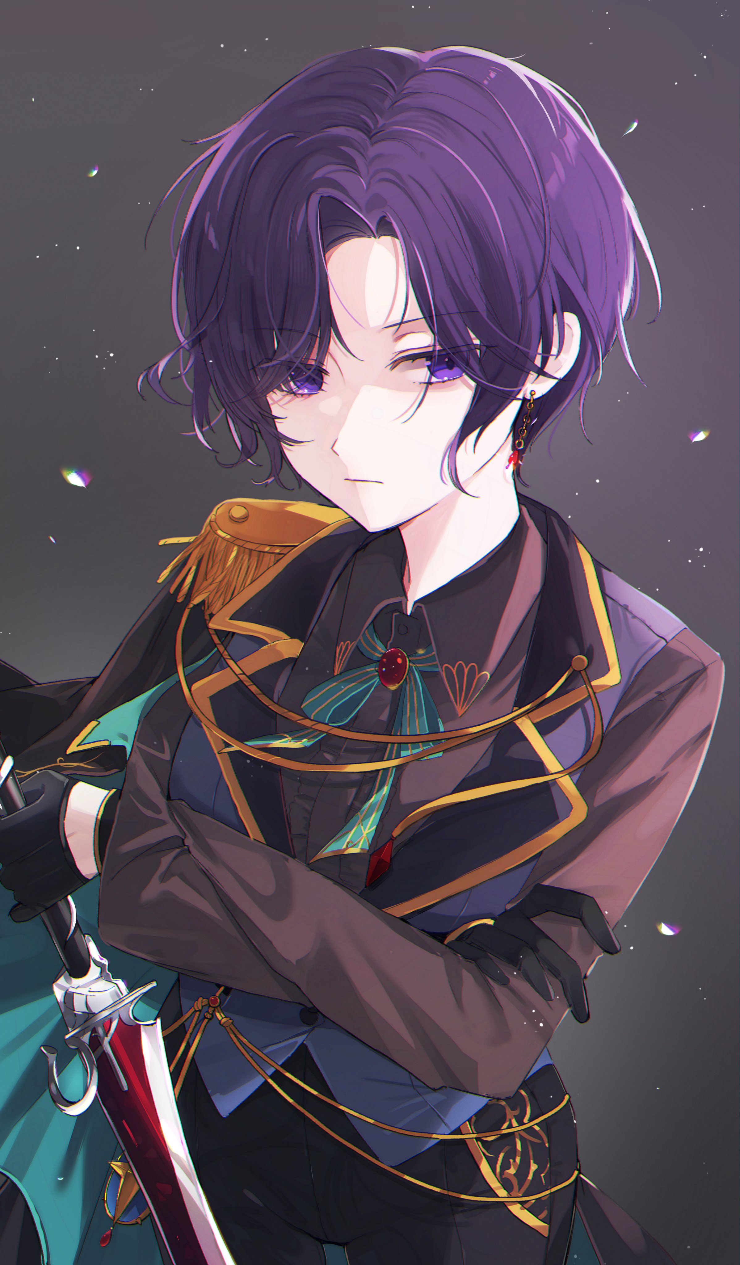 nare (17 junana), asahina mafuyu, project sekai, absurdres, commentary, highres, 1girl, black gloves, black pants, bow, bowtie, brown shirt, closed mouth, collared shirt, epaulettes, gloves, green bow, green bowtie, long sleeves, looking at viewer, pants, parted bangs, purple hair, shirt, short hair, simple background, solo, upper body