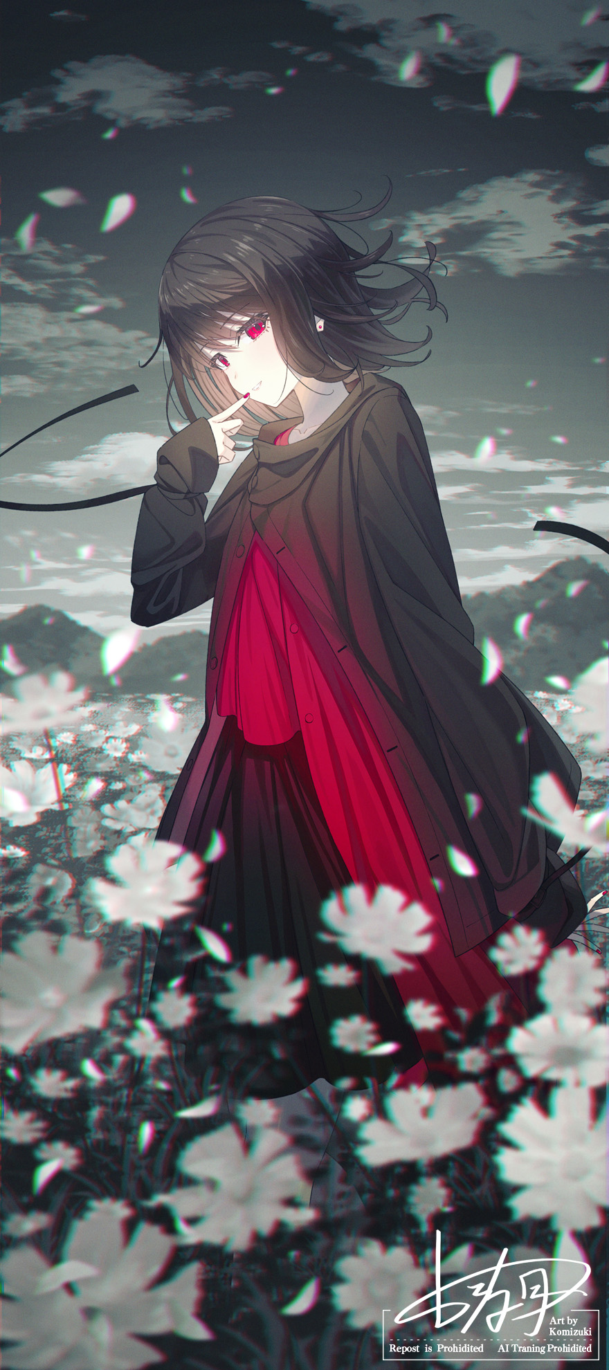 koh rd, original, highres, 1girl, black hair, black jacket, flower, grey sky, grin, jacket, looking at viewer, monochrome background, outdoors, red eyes, red shirt, shirt, sky, smile, solo, white flower