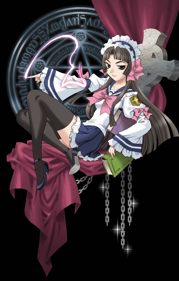 yukiyanagi, book, brown hair, chain, grave, high heels, long hair, magic, school uniform, serafuku, skirt, solo, thighhighs