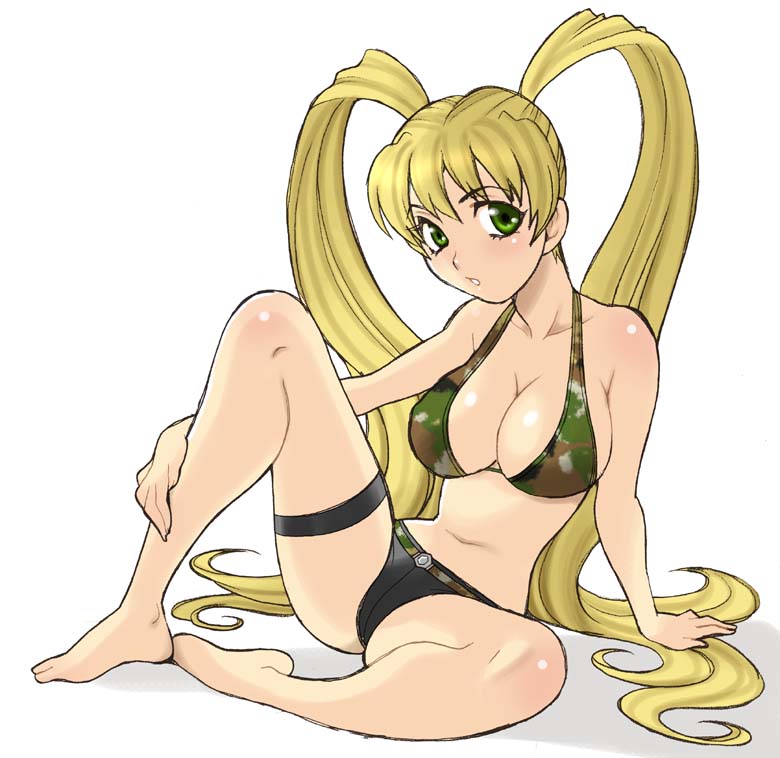 yukiyanagi, barefoot, bikini, bikini top only, blonde hair, breasts, camouflage, cleavage, green eyes, large breasts, long hair, sitting, solo, swimsuit, thigh strap, twintails