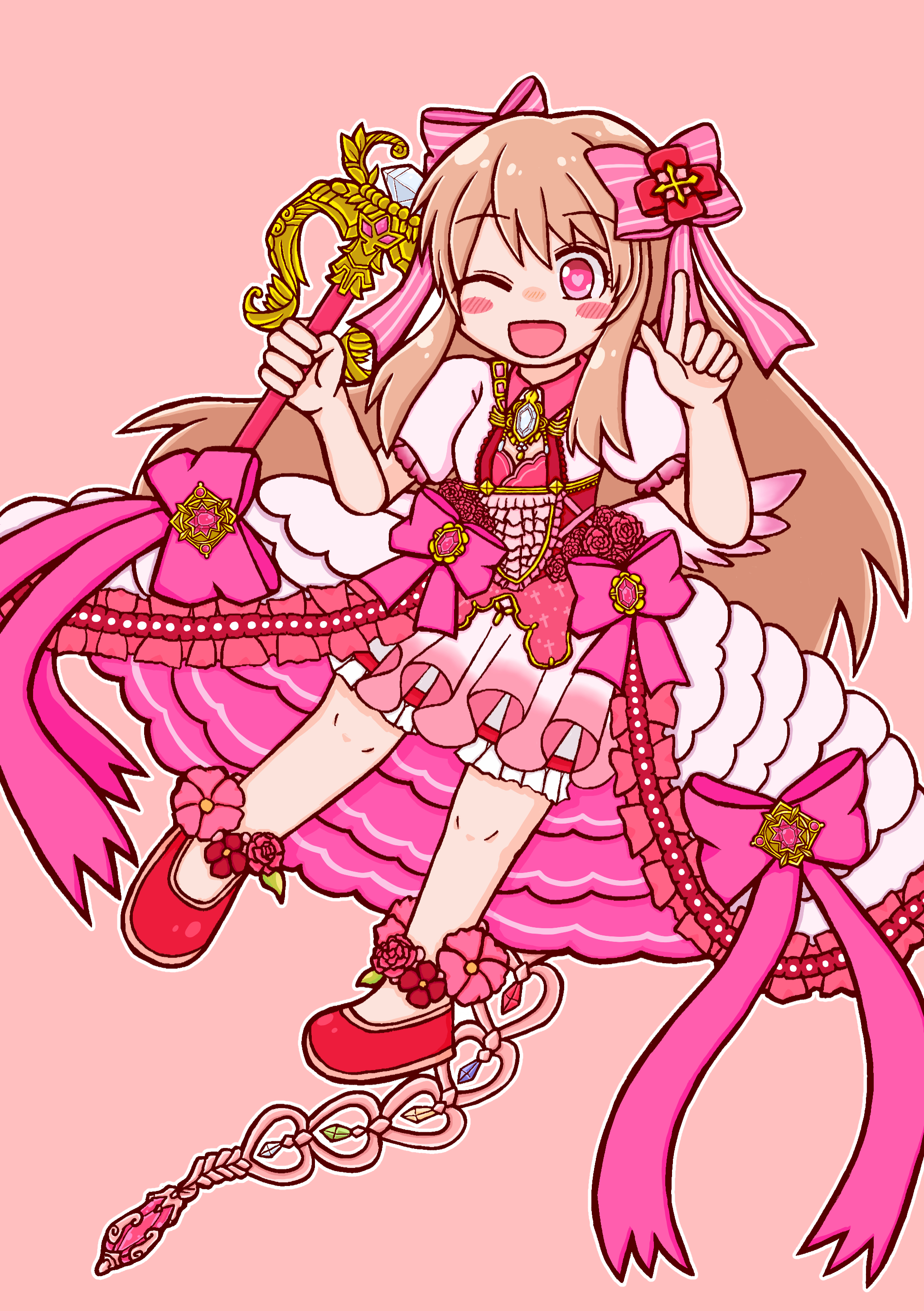 chaos marie (grimms notes), grimms notes, 1girl, ;d, blonde hair, blush stickers, hair ribbon, hands up, holding, holding wand, long hair, mori peer, one eye closed, open mouth, pink ribbon, puffy sleeves, red shoes, ribbon, shoes, smile, solo, wand