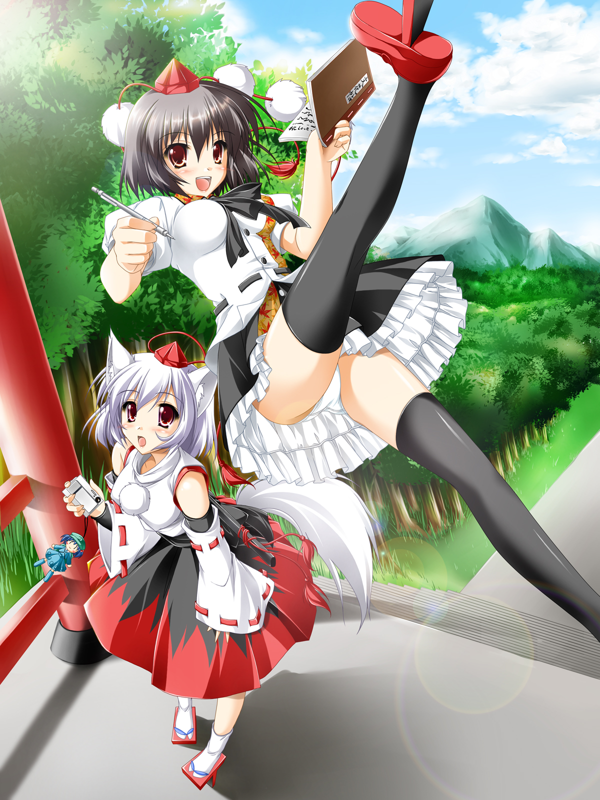 kamiya tomoe, inubashiri momiji, kawashiro nitori, shameimaru aya, touhou, highres, 3girls, albino, animal ears, black hair, camera, female focus, flying, geta, hat, multiple girls, notebook, panties, pen, red eyes, short hair, skirt, socks, tail, tengu-geta, thighhighs, underwear, white hair, white panties, wolf ears, wolf tail