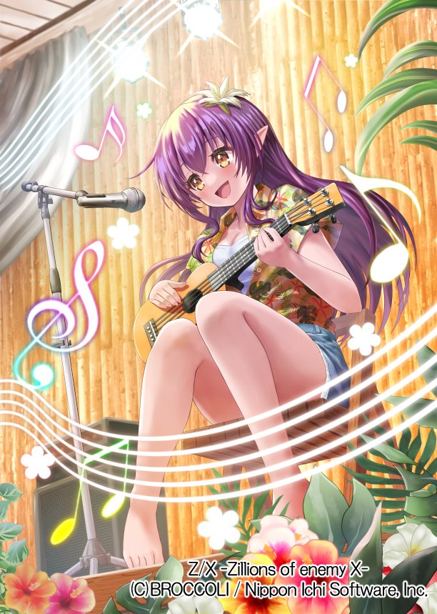 nagare seiya, z/x, official art, 1girl, barefoot, beamed eighth notes, breasts, chair, cleavage, copyright notice, denim, denim shorts, eighth note, floral print jacket, flower, from below, hair flower, hair ornament, hawaiian clothes, hibiscus, holding, holding instrument, holding ukulele, indoors, instrument, jacket, long hair, microphone stand, music, musical note, musical staff, on chair, open clothes, open jacket, open mouth, pecteilis, playing instrument, pointy ears, purple hair, shirt, shorts, sitting, sixteenth note, solo, stage lights, treble clef, ukulele, white shirt, yellow eyes